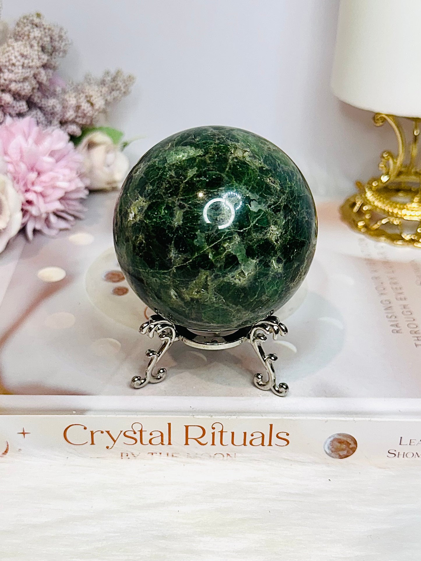 Large Green Diopside Sphere on Stand 503g