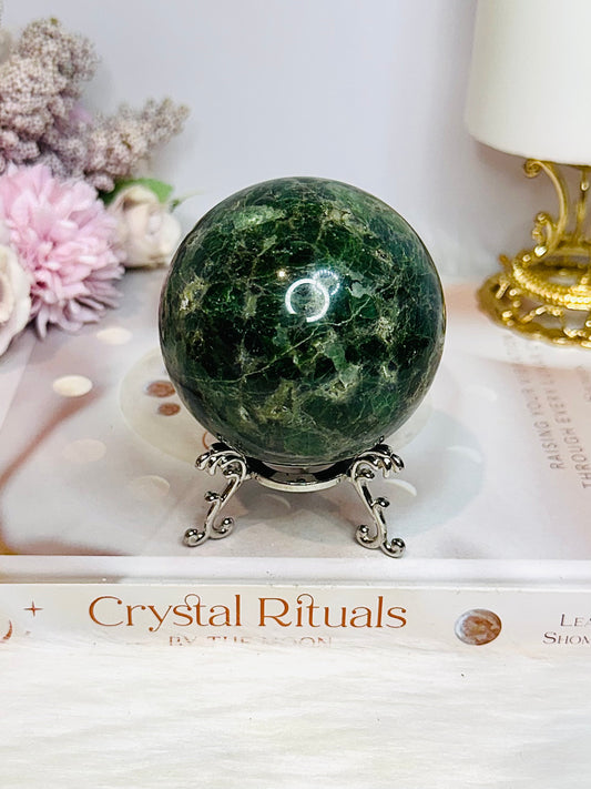 Large Green Diopside Sphere on Stand 503g