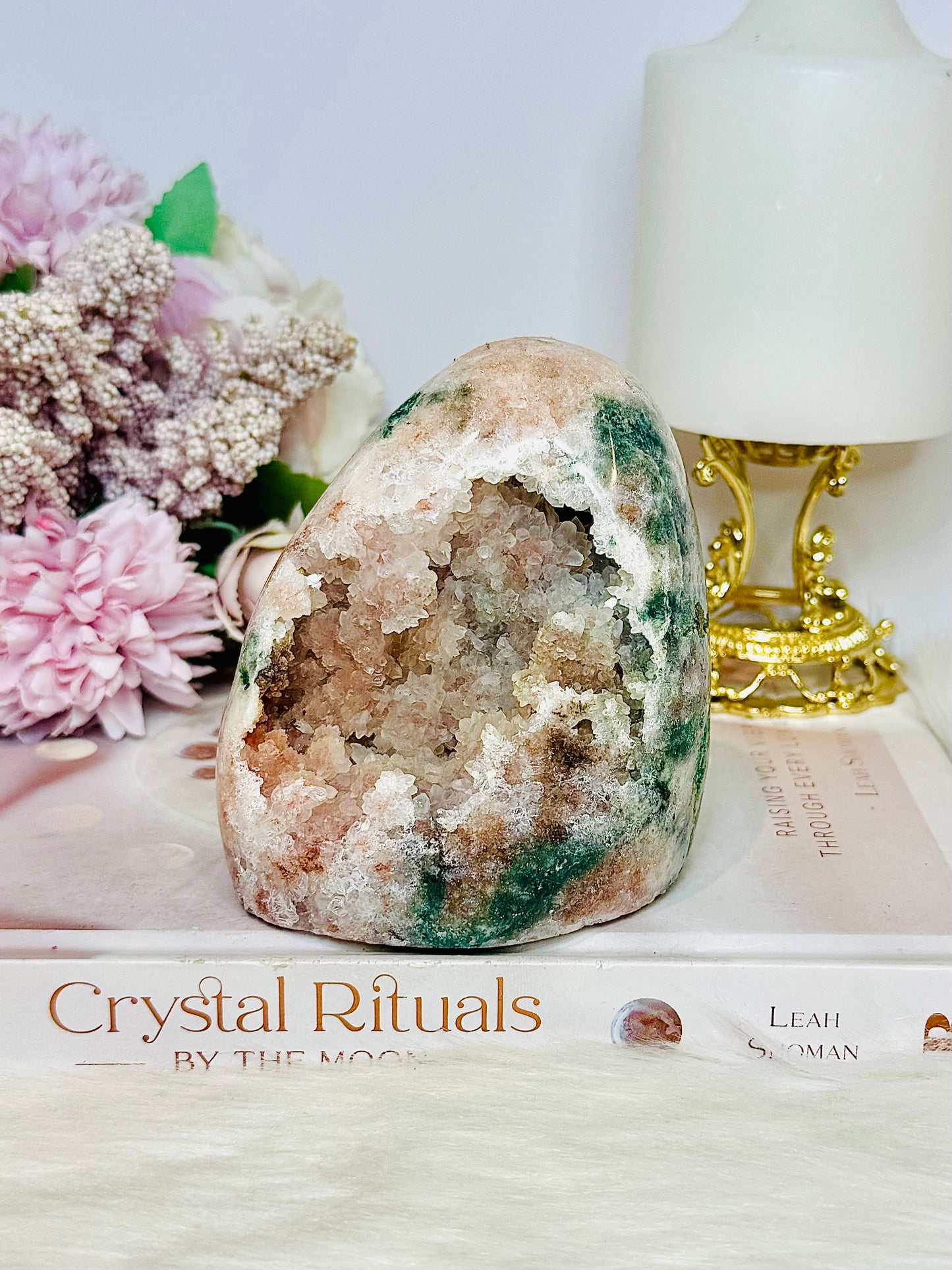 Natural Pink Amethyst Large Druzy Base Cut Cluster with Green Jasper Inclusions 673g