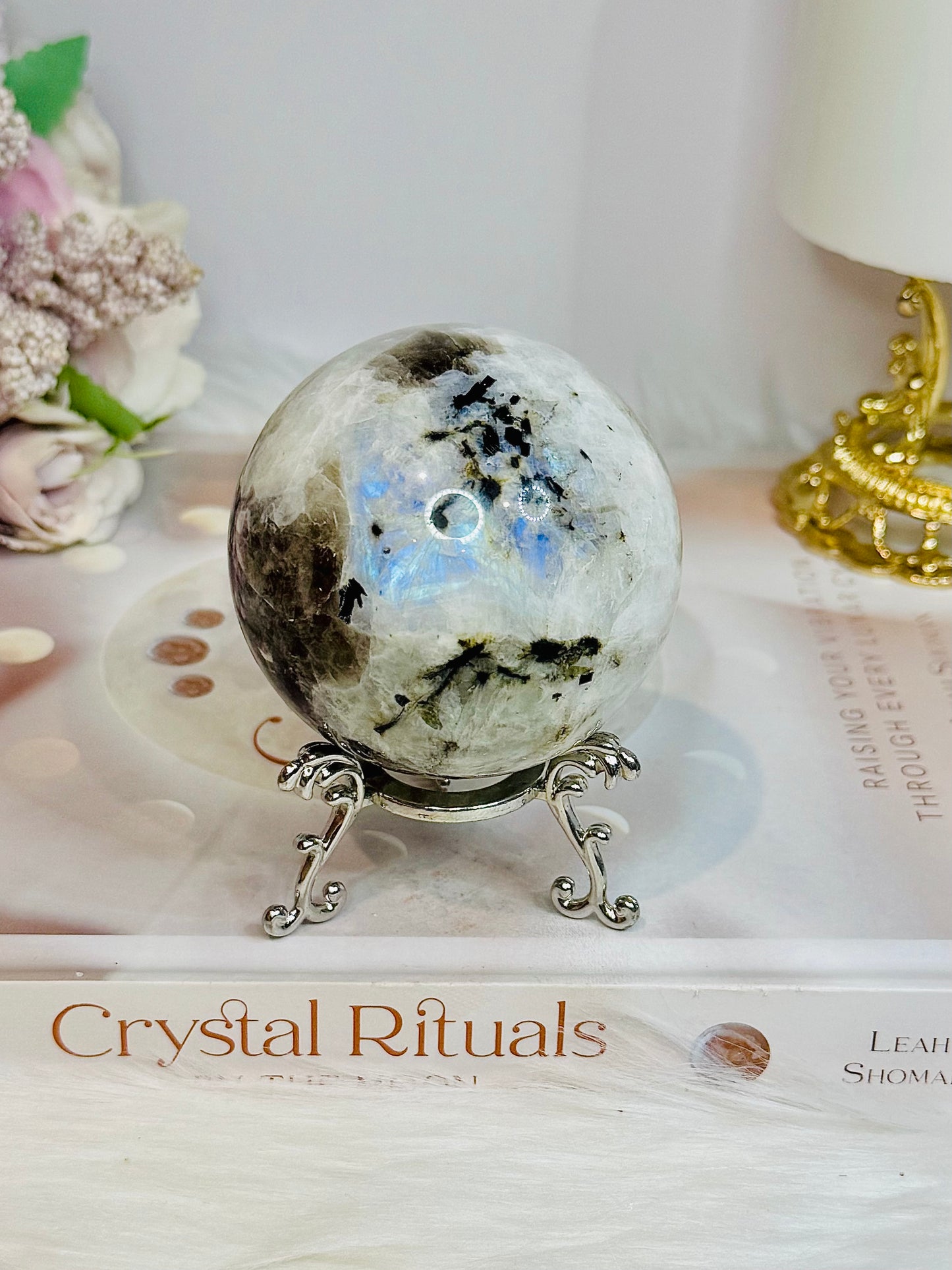 Rainbow Moonstone Sphere on Stand with Blue Flash 337g