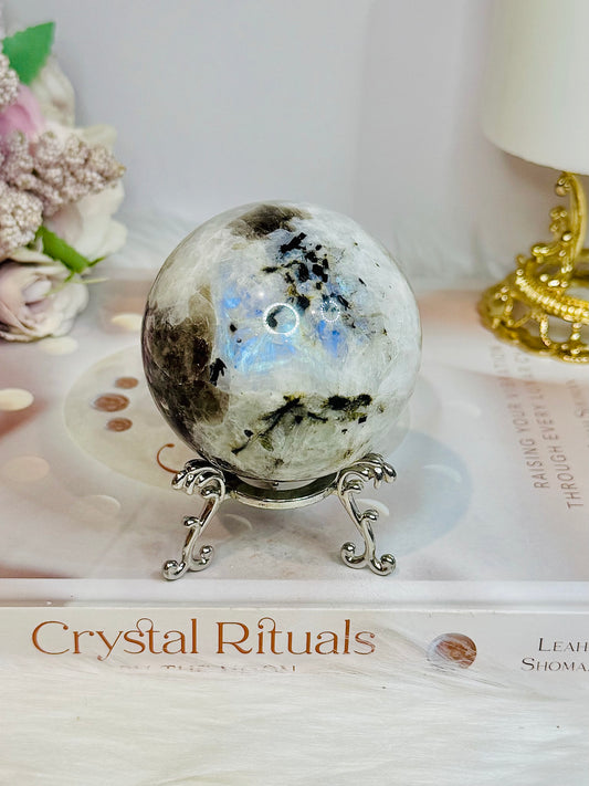 Rainbow Moonstone Sphere on Stand with Blue Flash 337g