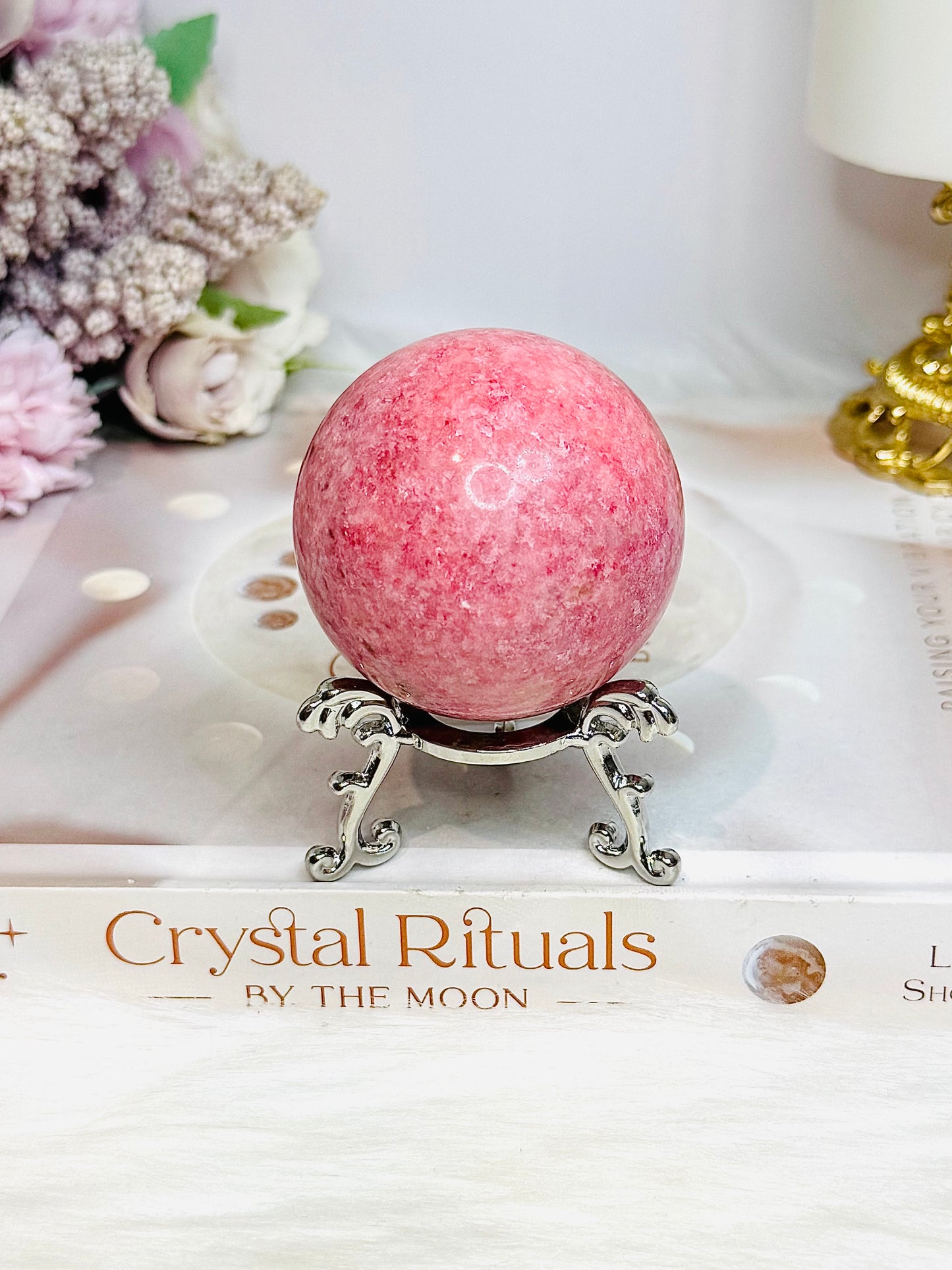Thulite Sphere with Epidote 209g On Stand