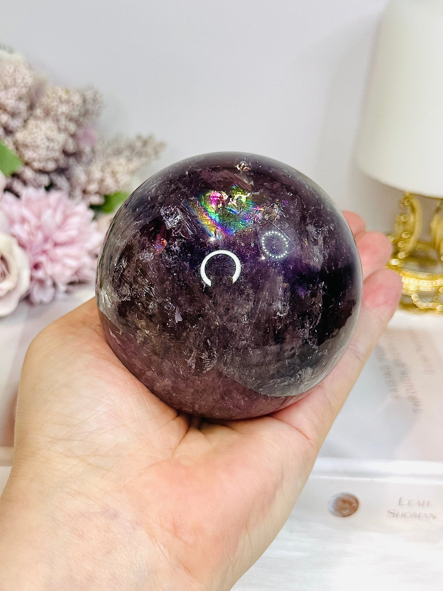Large High Grade Phantom Amethyst Sphere with Rainbows On Stand 665g