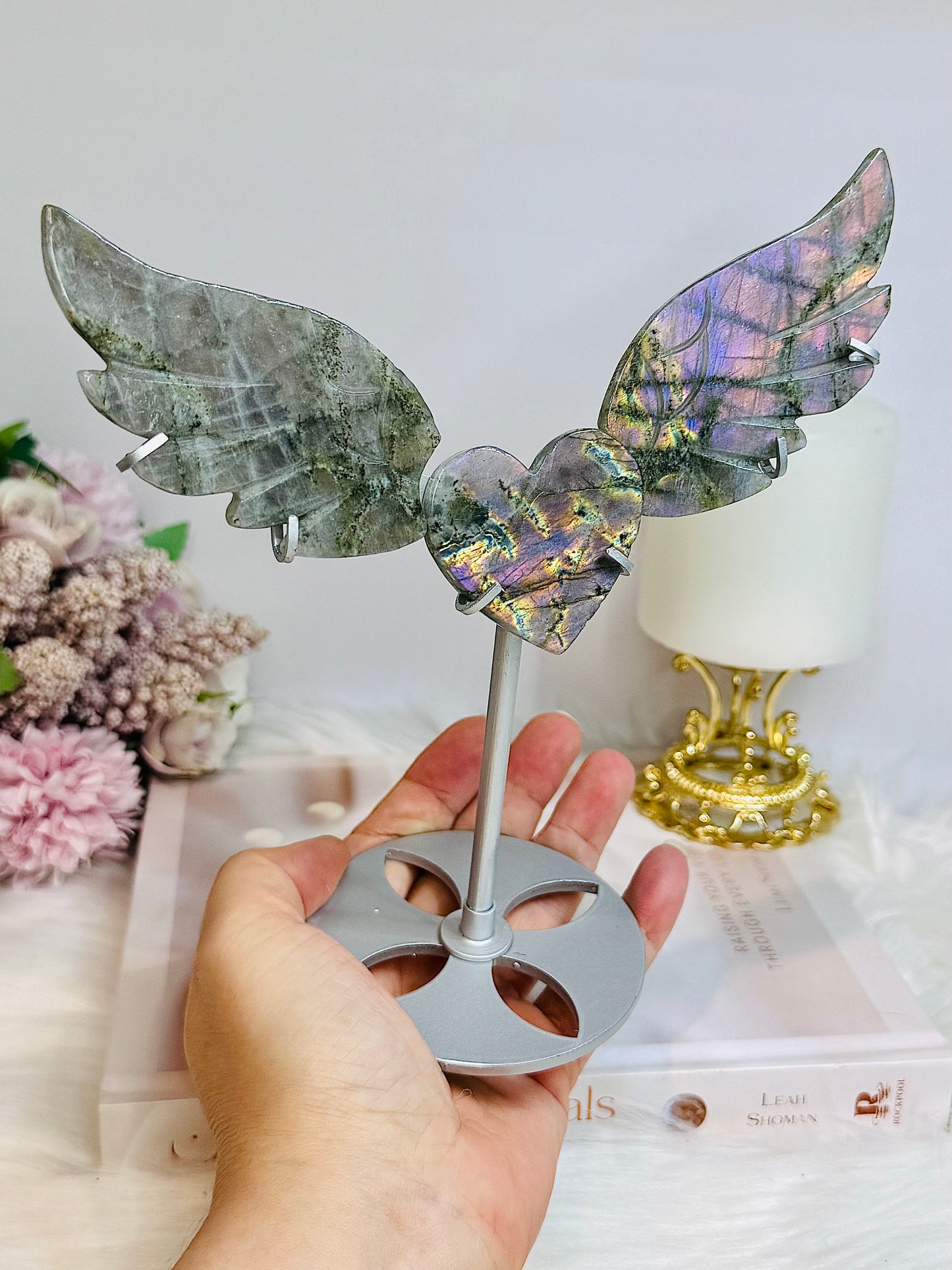 Purple Labradorite Heart with Wings ~ Each piece is full of flash 18cm