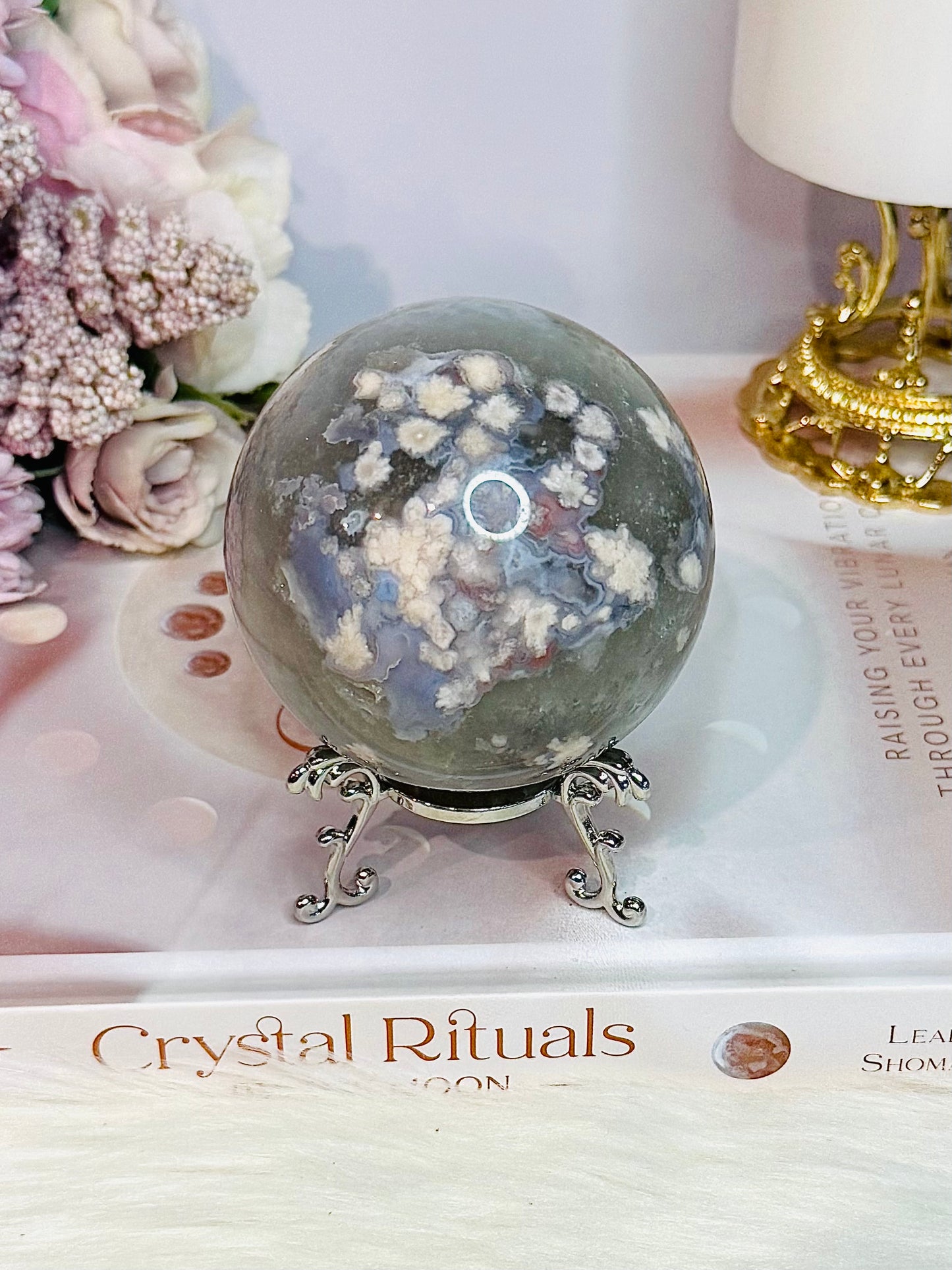 Elegant Green Flower| Blossom Agate Sphere On Stand 289grams