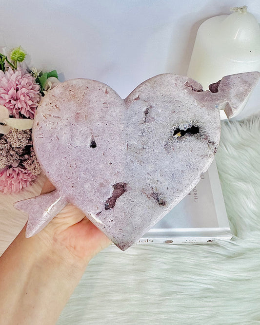 Classy & Fabulous Uniquely Carved Large Pink Amethyst Heart with Arrow 584grams