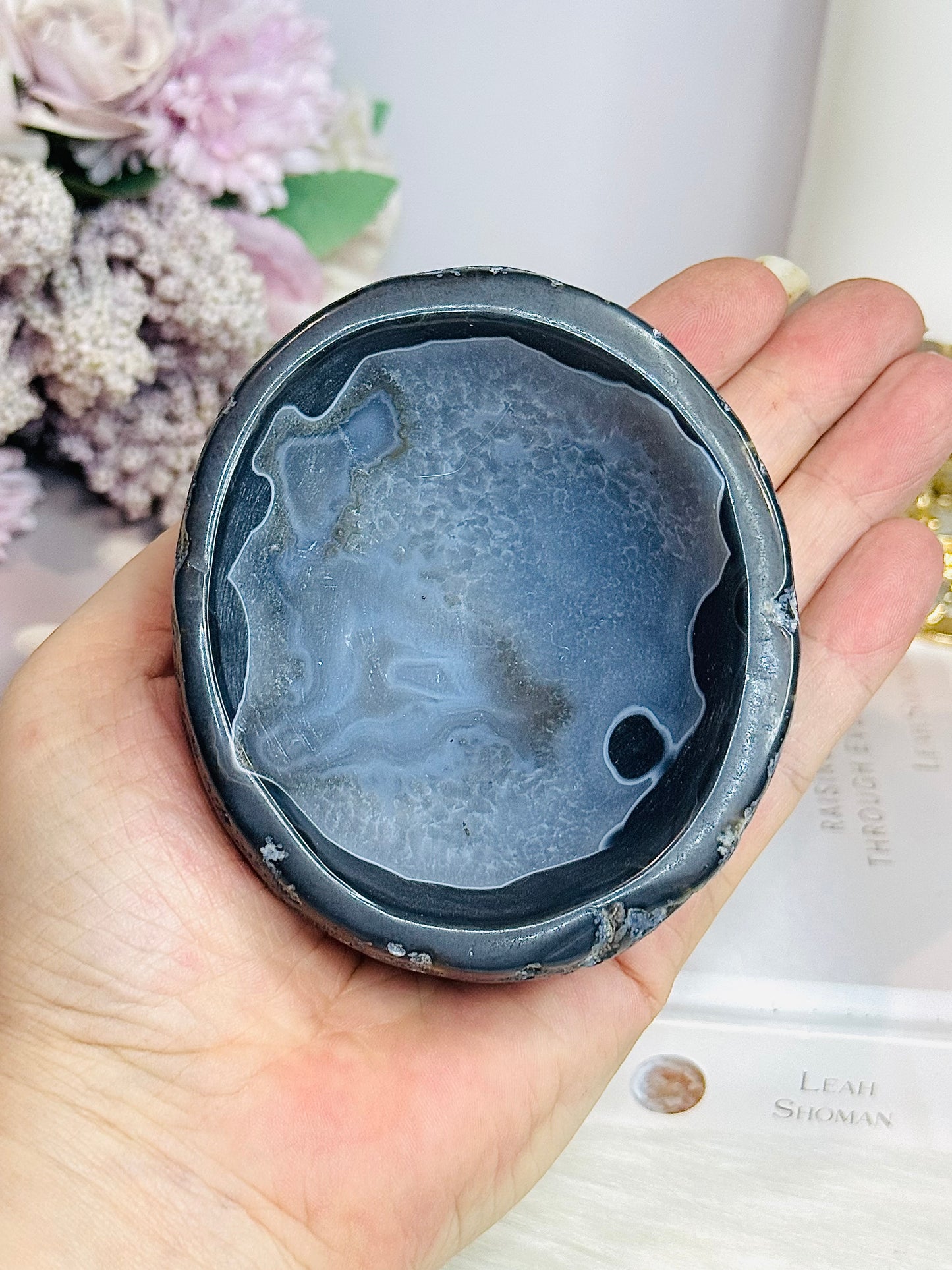 Natural Agate Carved Bowl Filled with Lepidolite Tumbles 426g