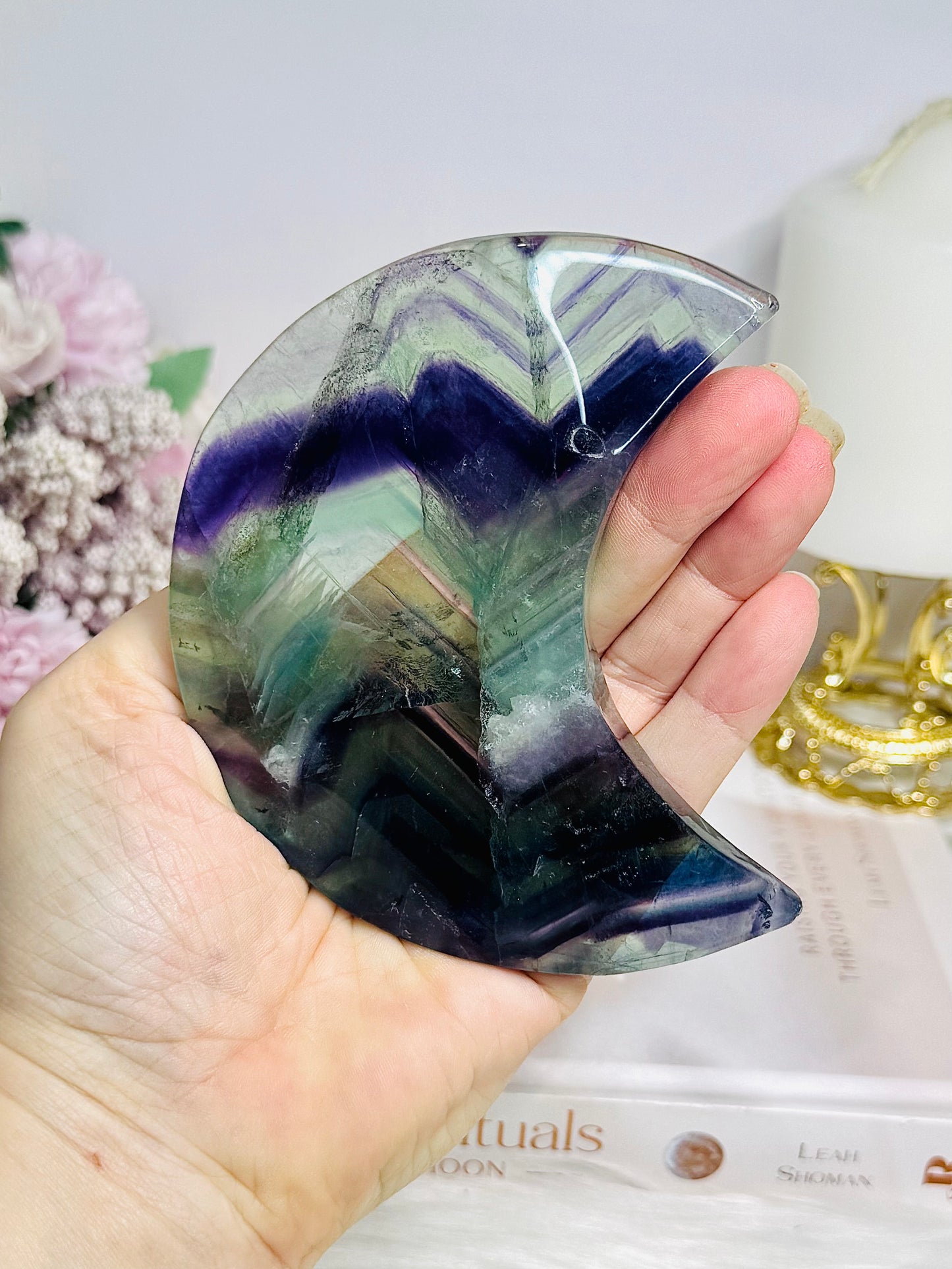 Fluorite Moon with Rainbows On Stand 11cm