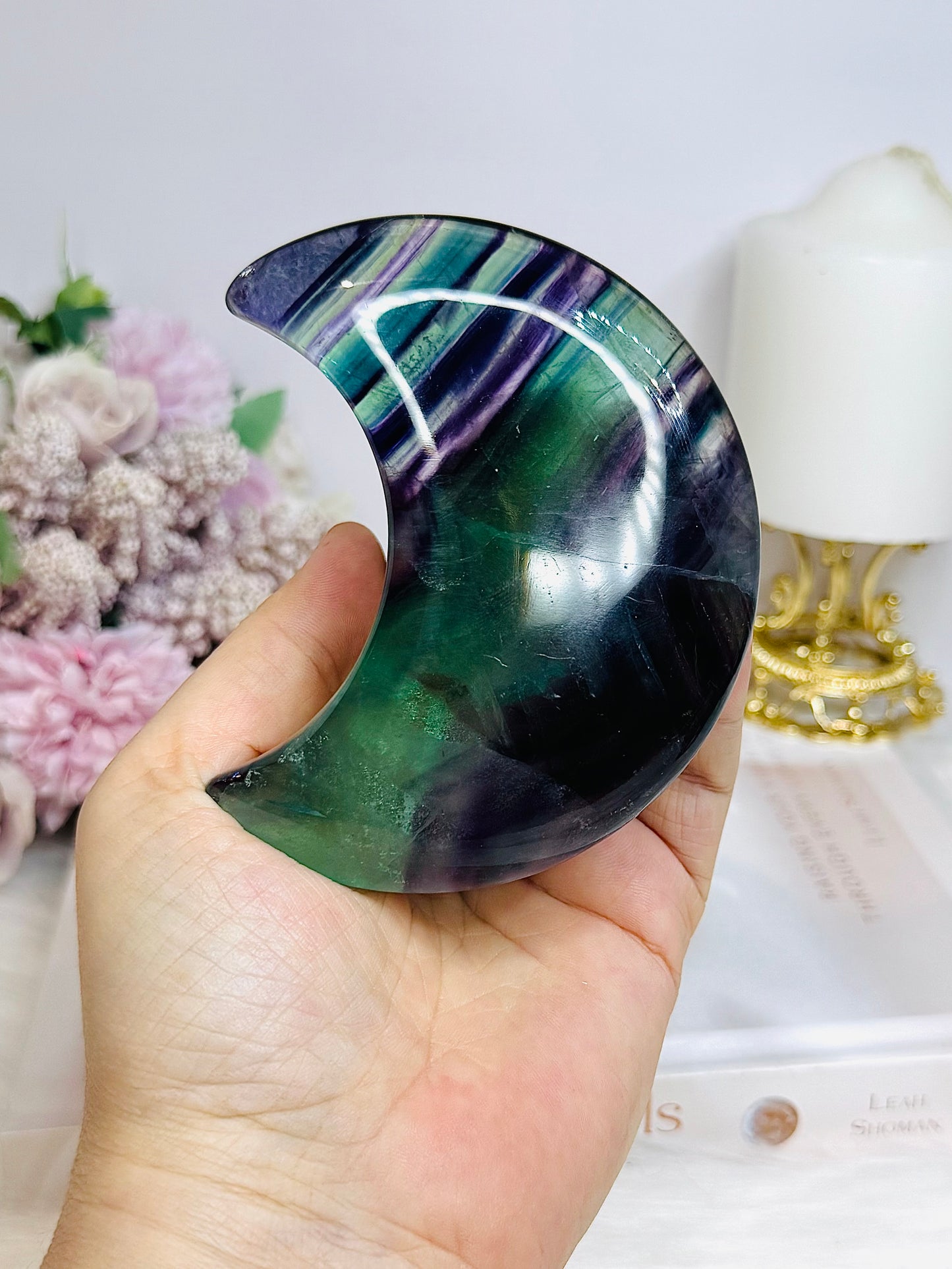 High Grade Rainbow Fluorite Moon on Stand 9.5cm 273g (light used in photo)