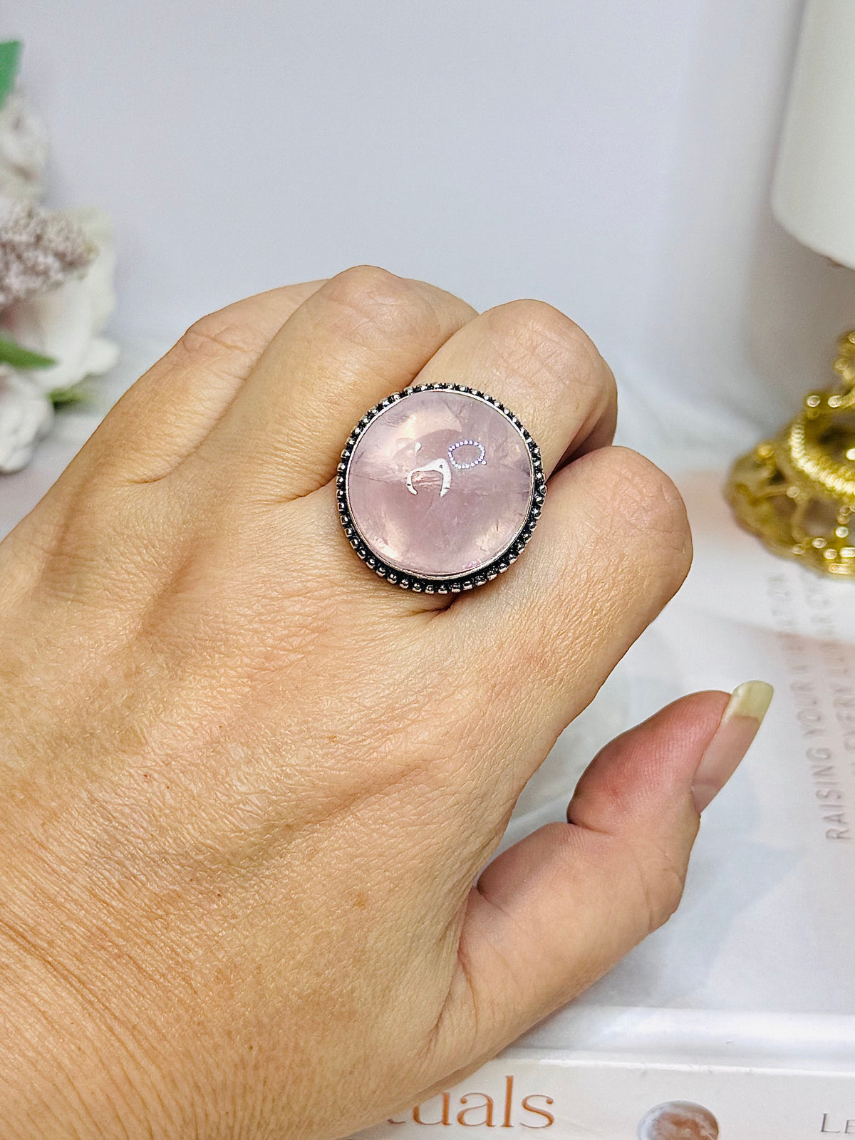 Large Silver Rose Quartz Round Ring Size 9