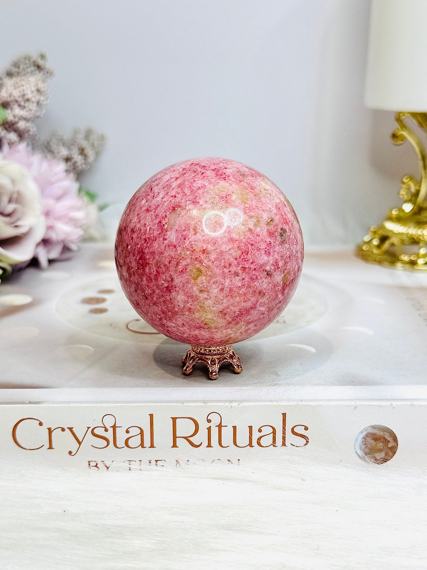 Thulite Sphere with Epidote 207g On Stand