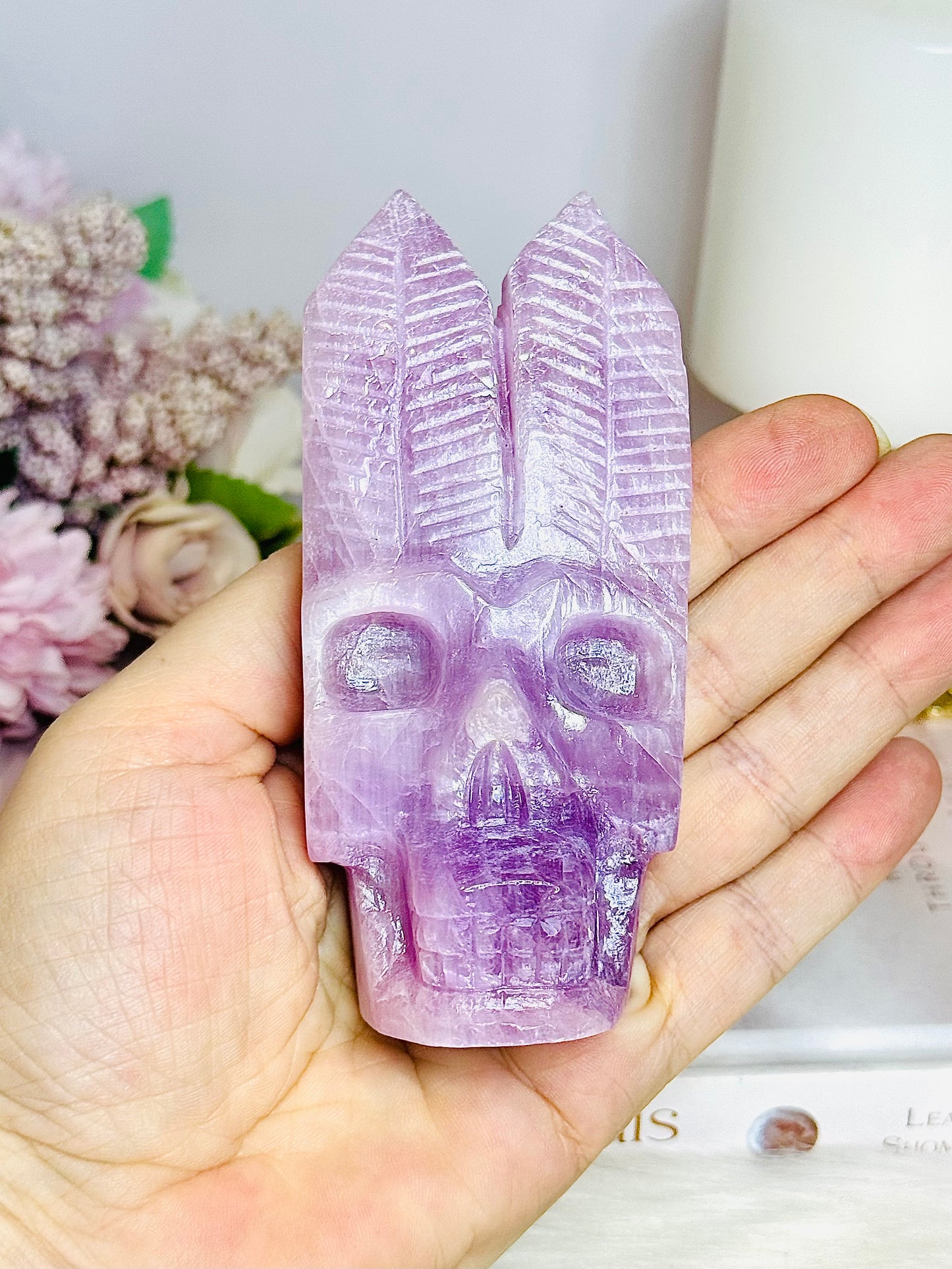 High Grade Kunzite Carved Indian Skull 11cm 242g