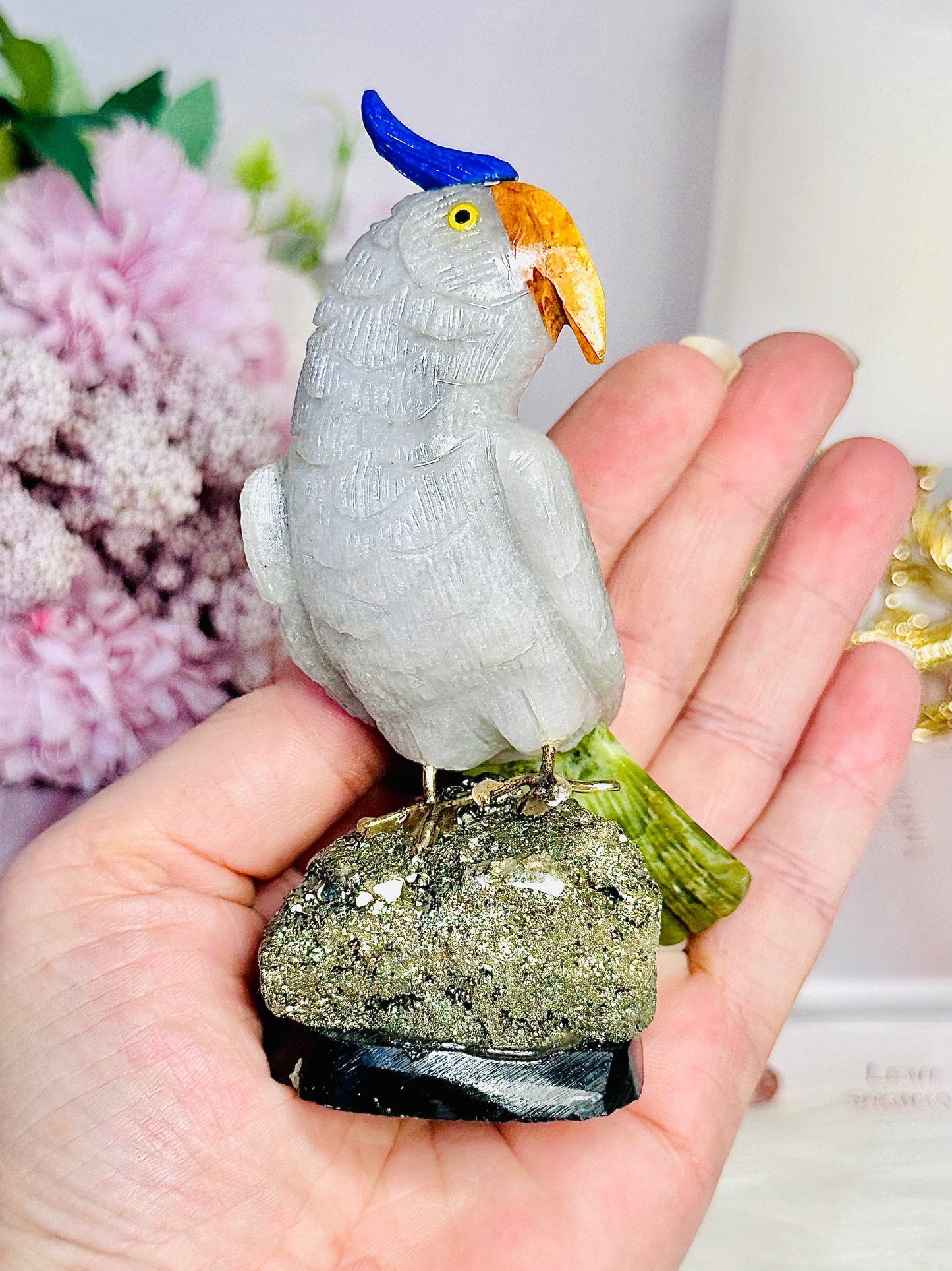 Large 11.5cm Jade Carved Parrot | Bird On Pyrite Stand From Brazil
