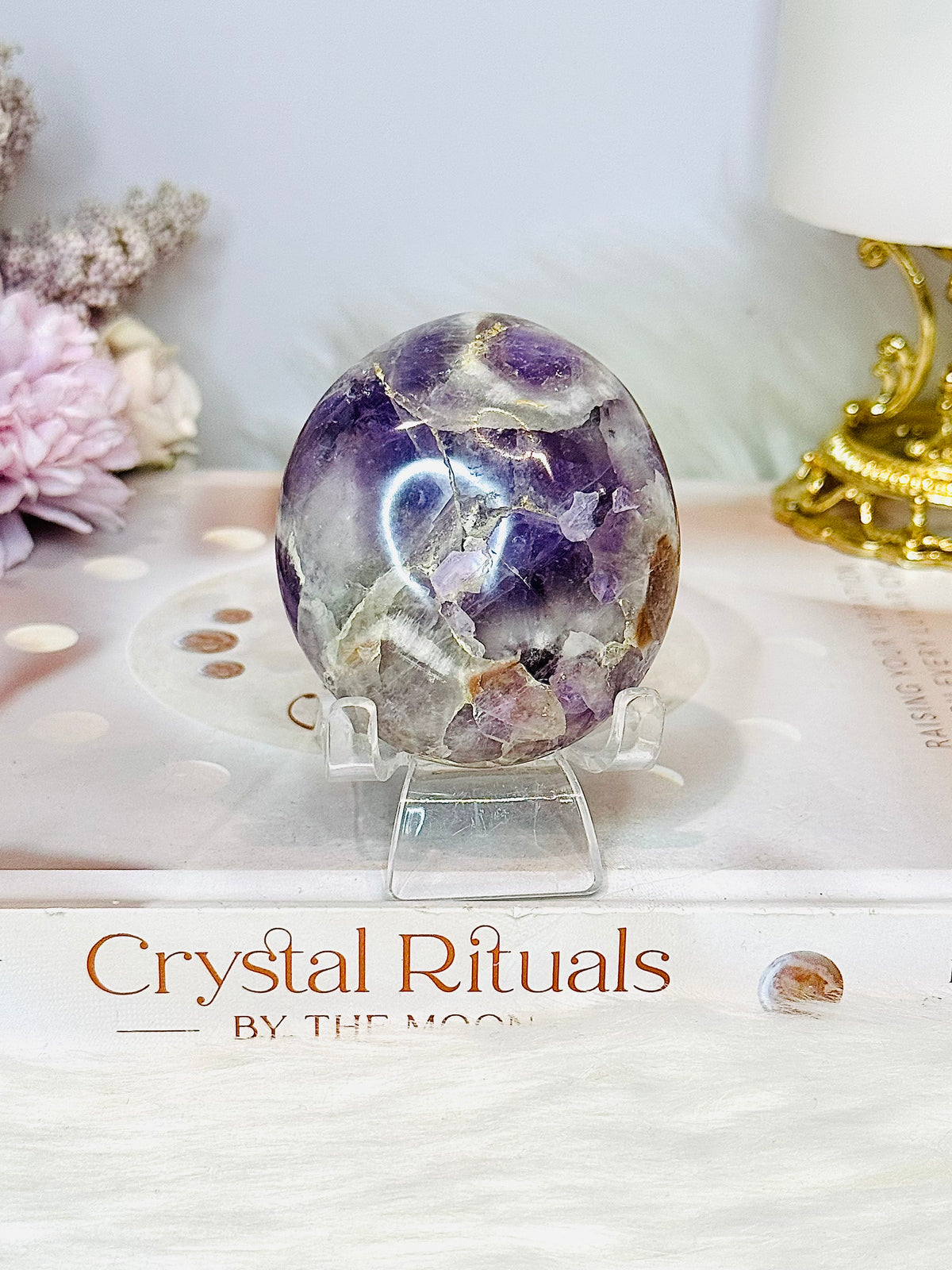 Large Chevron Amethyst Palm Stone (stand is display only)