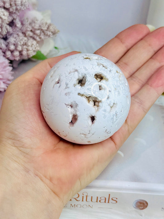 Large White Druzy Agate Sphere on Stand 297g