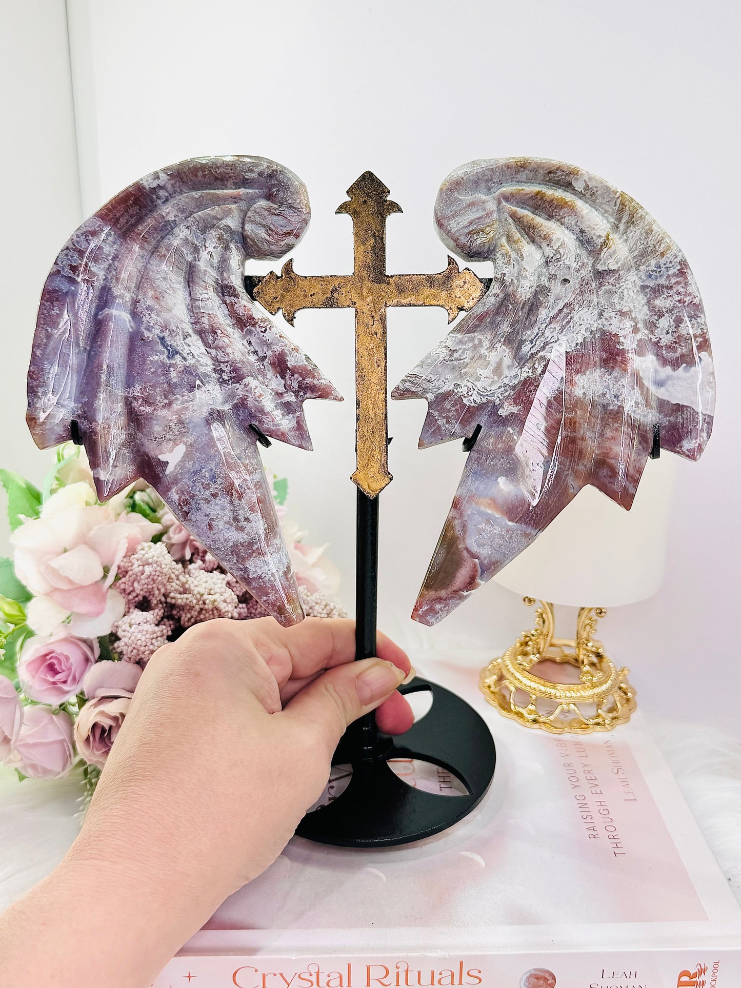 Fabulous Large 22cm (inc stand) Purple Ocean Jasper Chunky Wings on Cross Stand