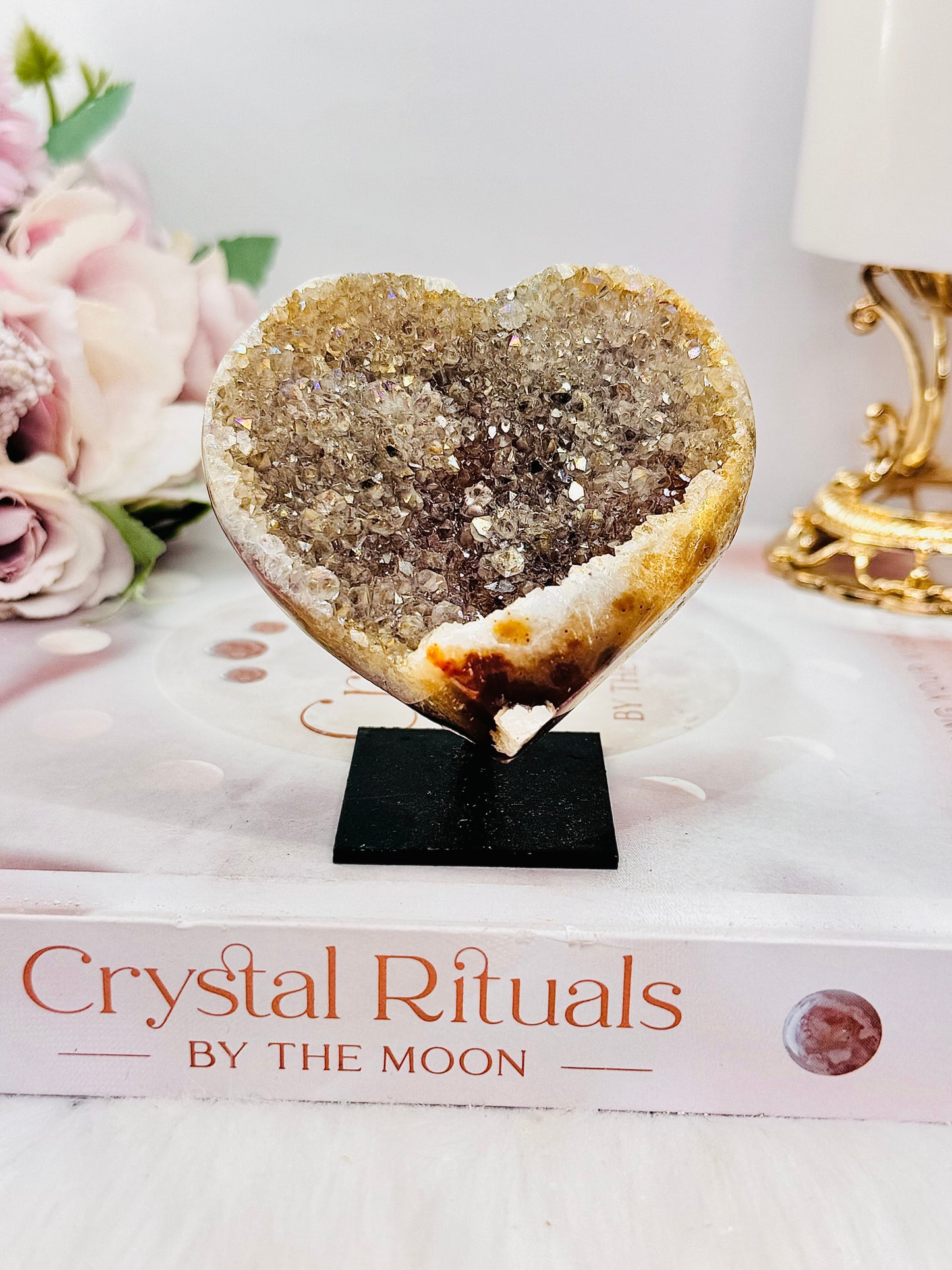 Sparkling 8cm Angel Aura Druzy Agate Carved Heart on Stand From Brazil