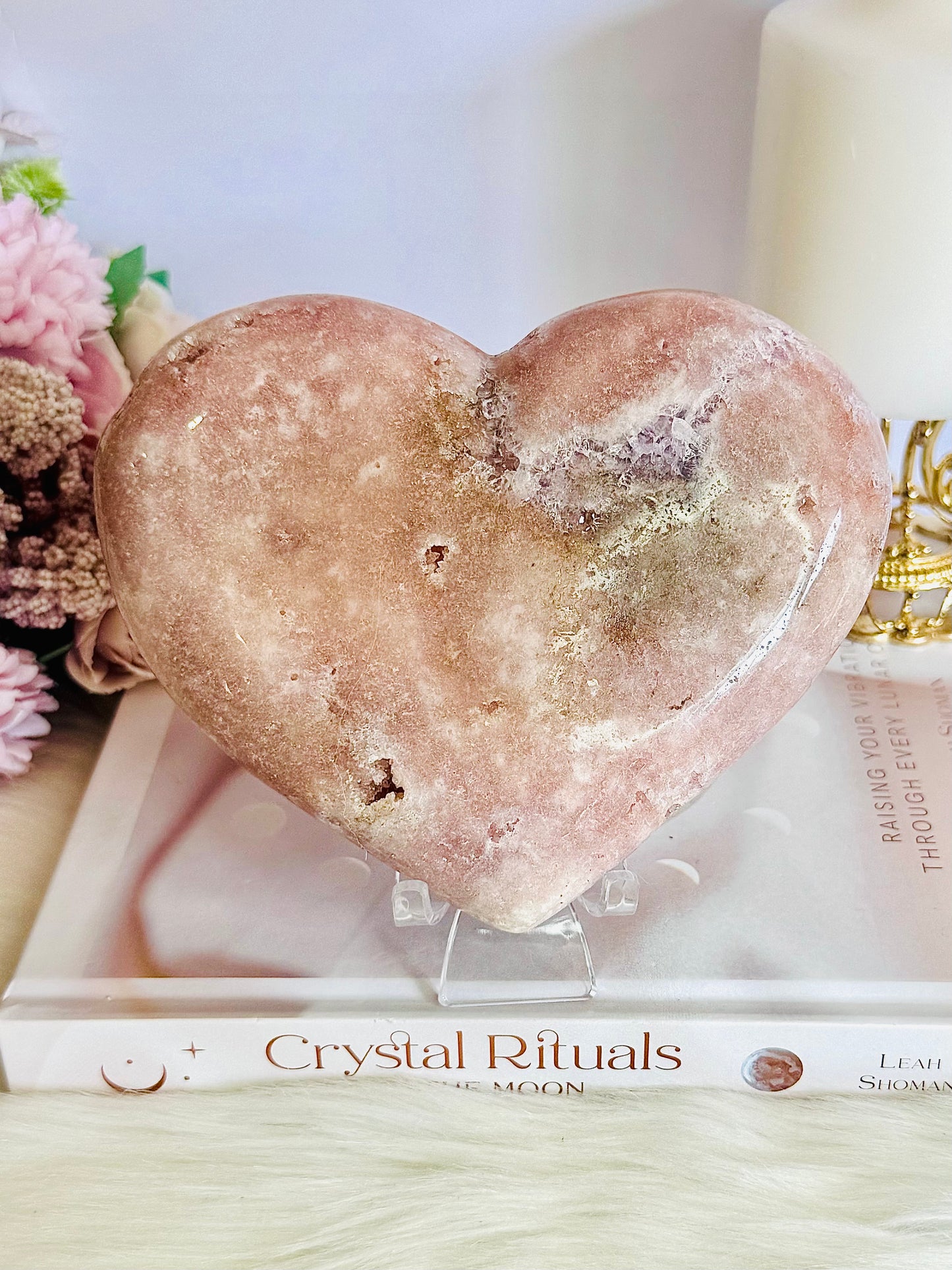 Classy & Fabulous Large Druzy Pink Amethyst Puffy Heart On Stand 832gram