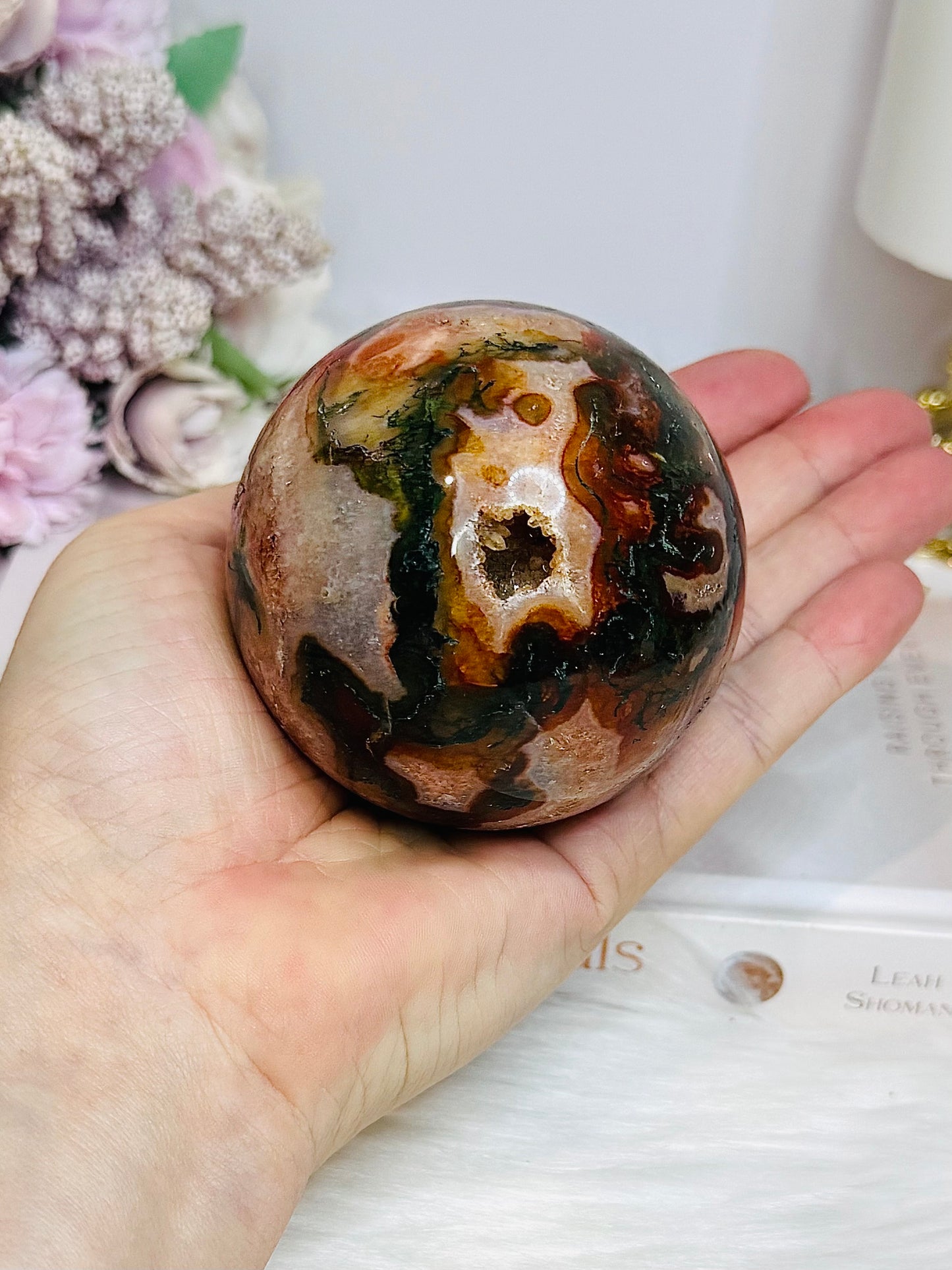 Large Red Moss Agate Druzy Sphere on Stand 452g