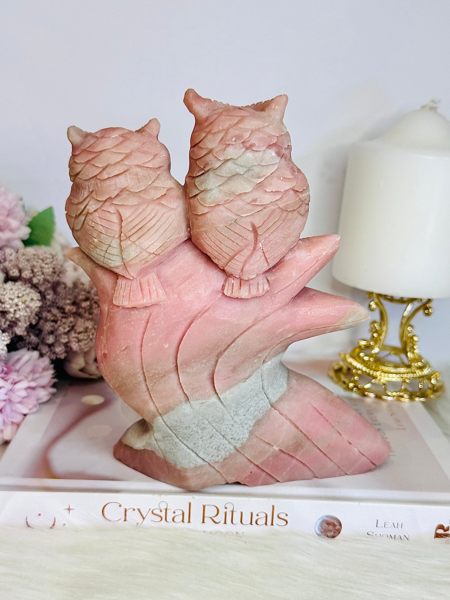 Incredibly Carved Huge Pink Opal Owls 16.5cm 1.15KG
