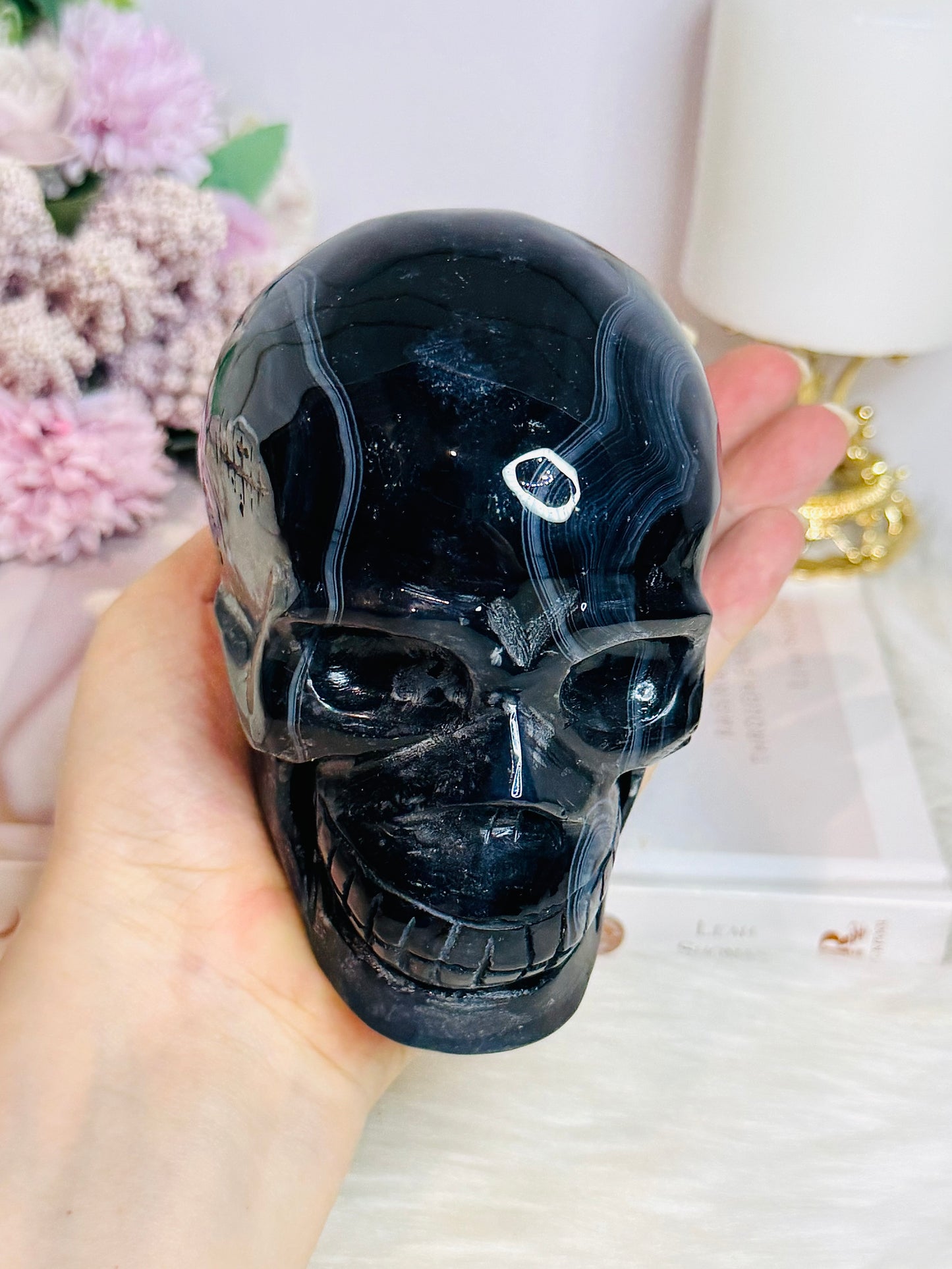 Huge Black Agate Carved Skull 11.5cm 1.24KG