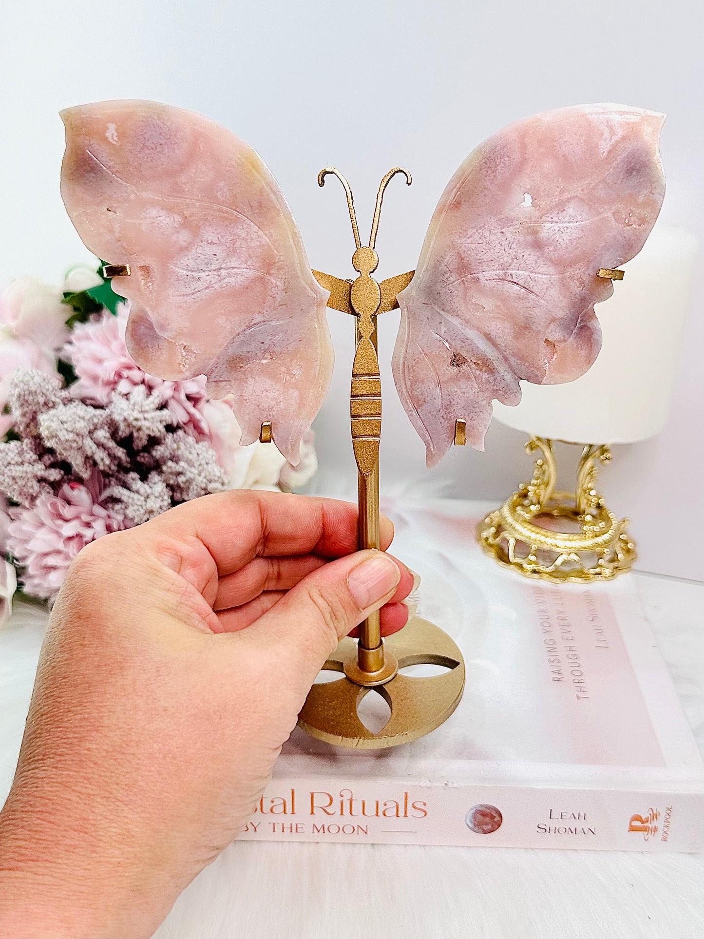 CLASSY & ABSOLUTELY FABULOUS High Grade Druzy Pink Amethyst Butterfly Wings 19.5cm Tall (Inc Stand) On Gold Stand