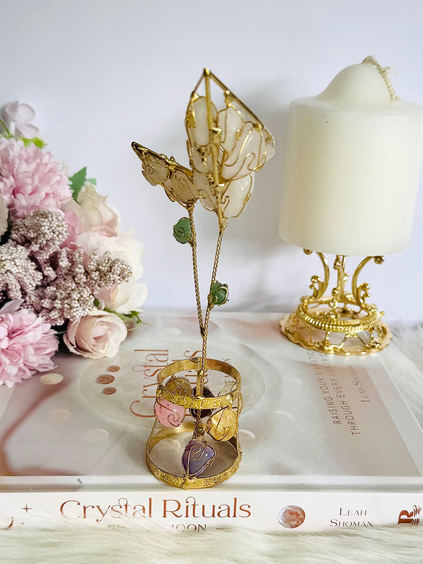 Beautiful 17cm Tall Gold Wired Rose Quartz Flower with Mixed Crystals