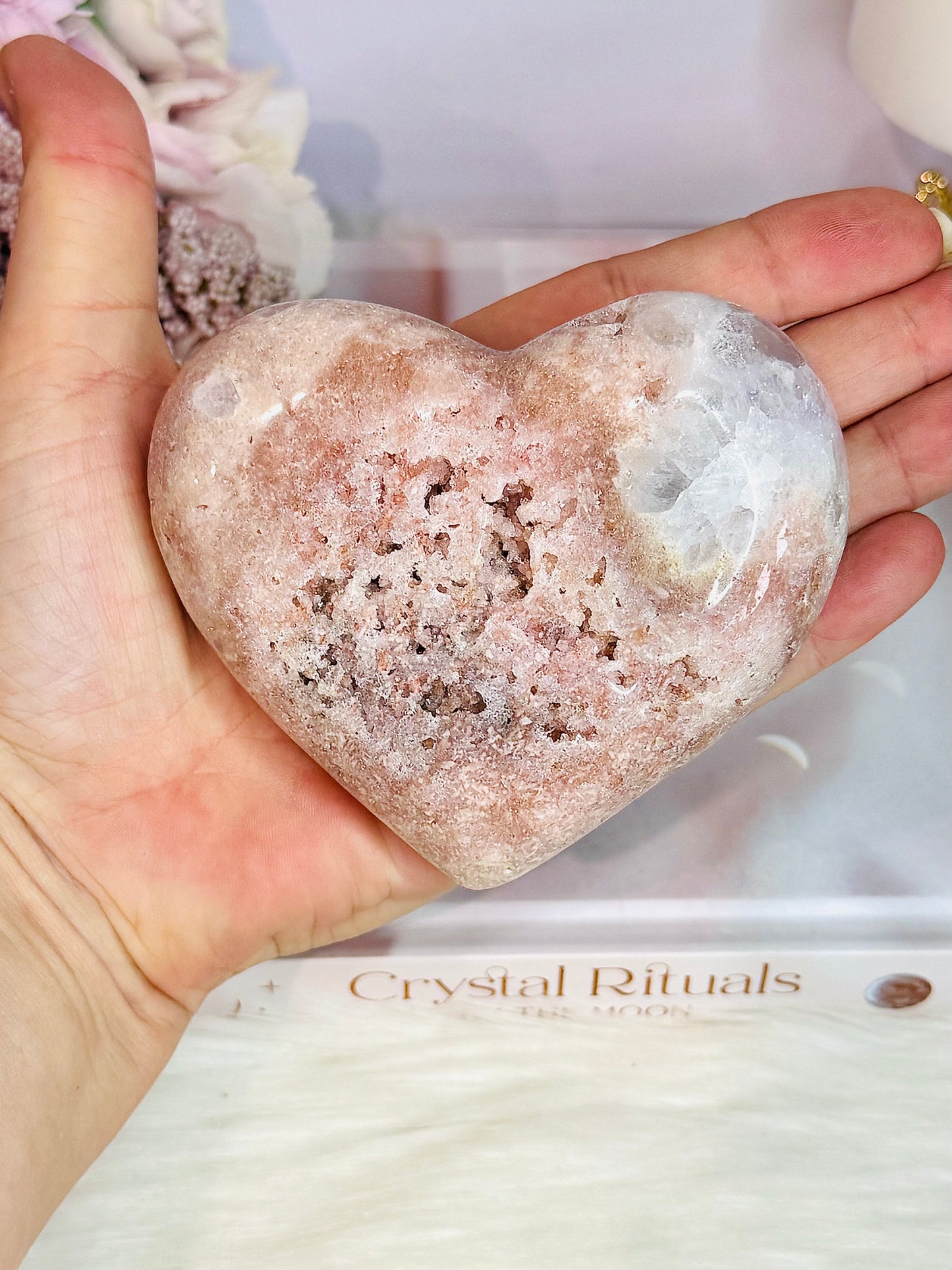 Beautiful Puffy Druzy Pink Amethyst Carved Heart On Stand