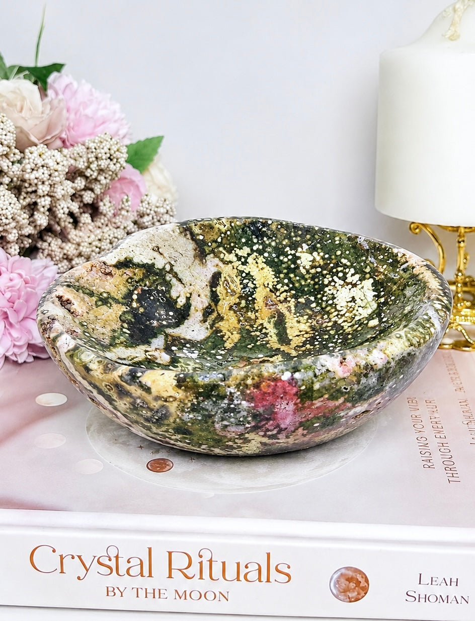 Large Orbicular Ocean Jasper Druzy Crystal Bowl 1.18KG 16cm