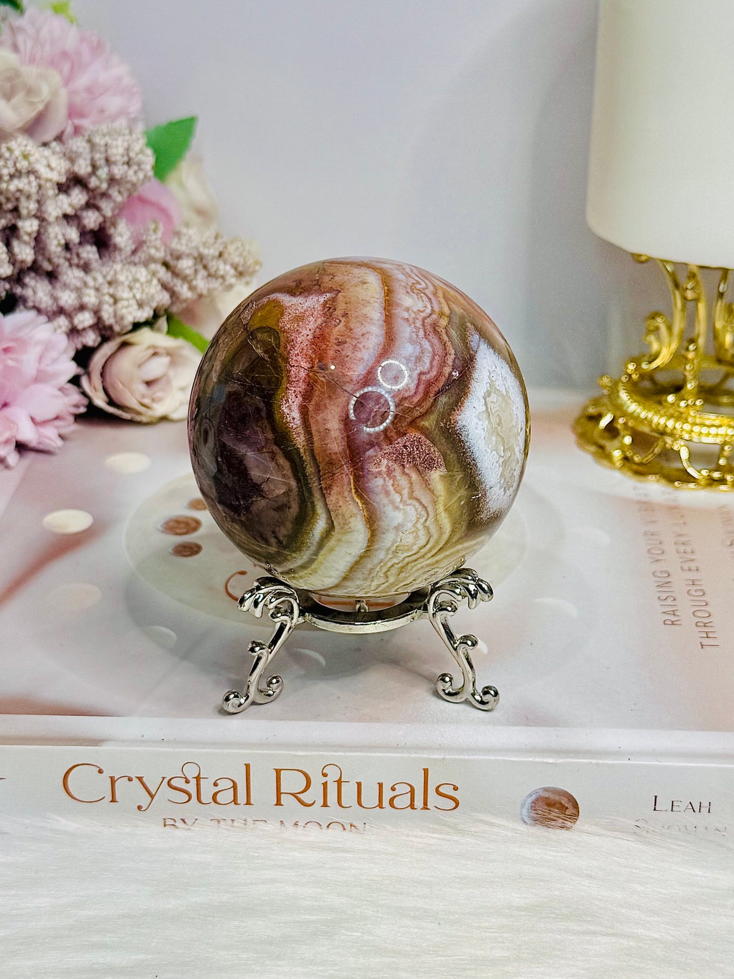 Large Mexican Crazy Lace Agate Druzy Sphere on Stand 376g