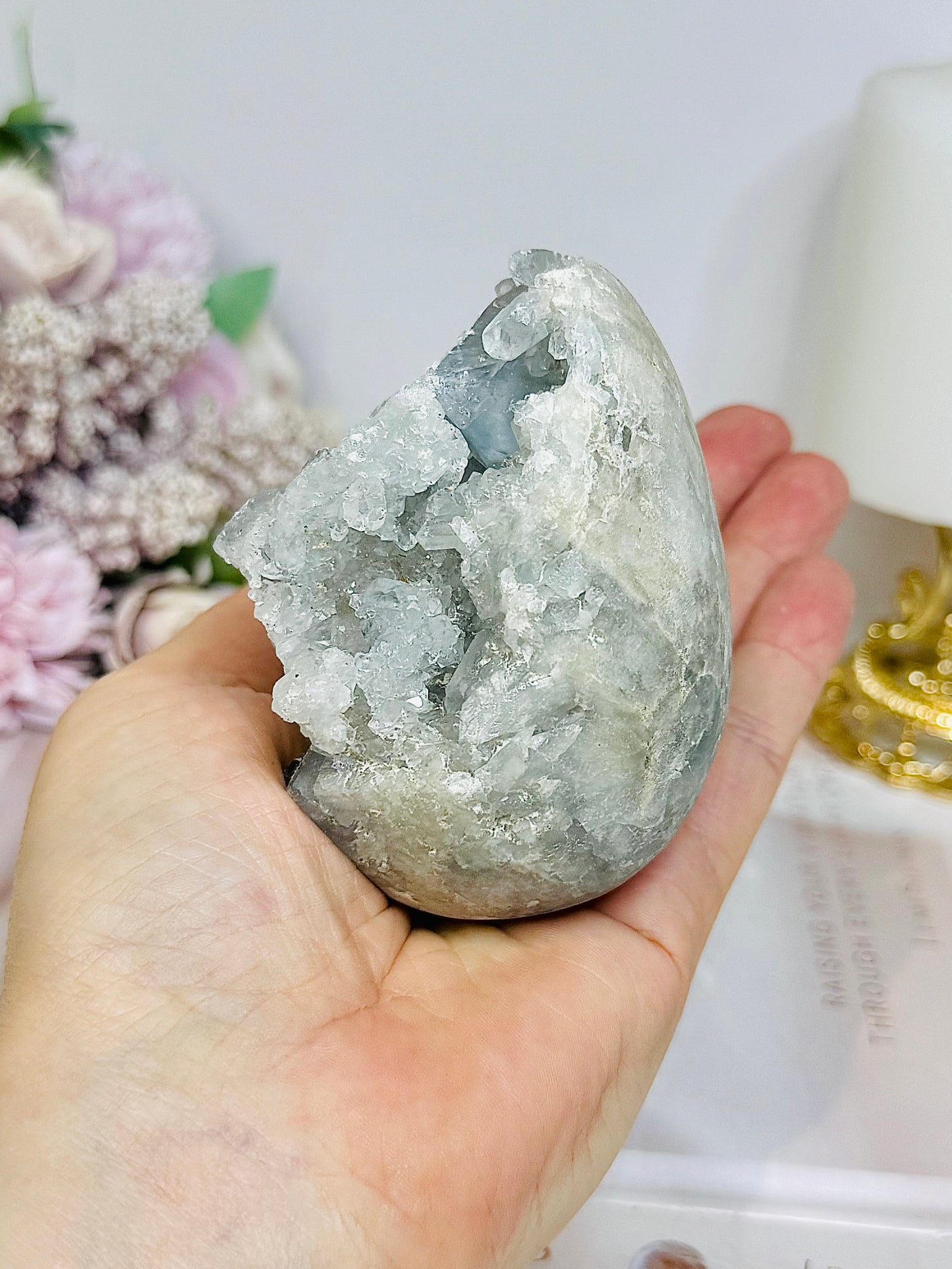 Large Blue Celestite Egg On Stand 521g