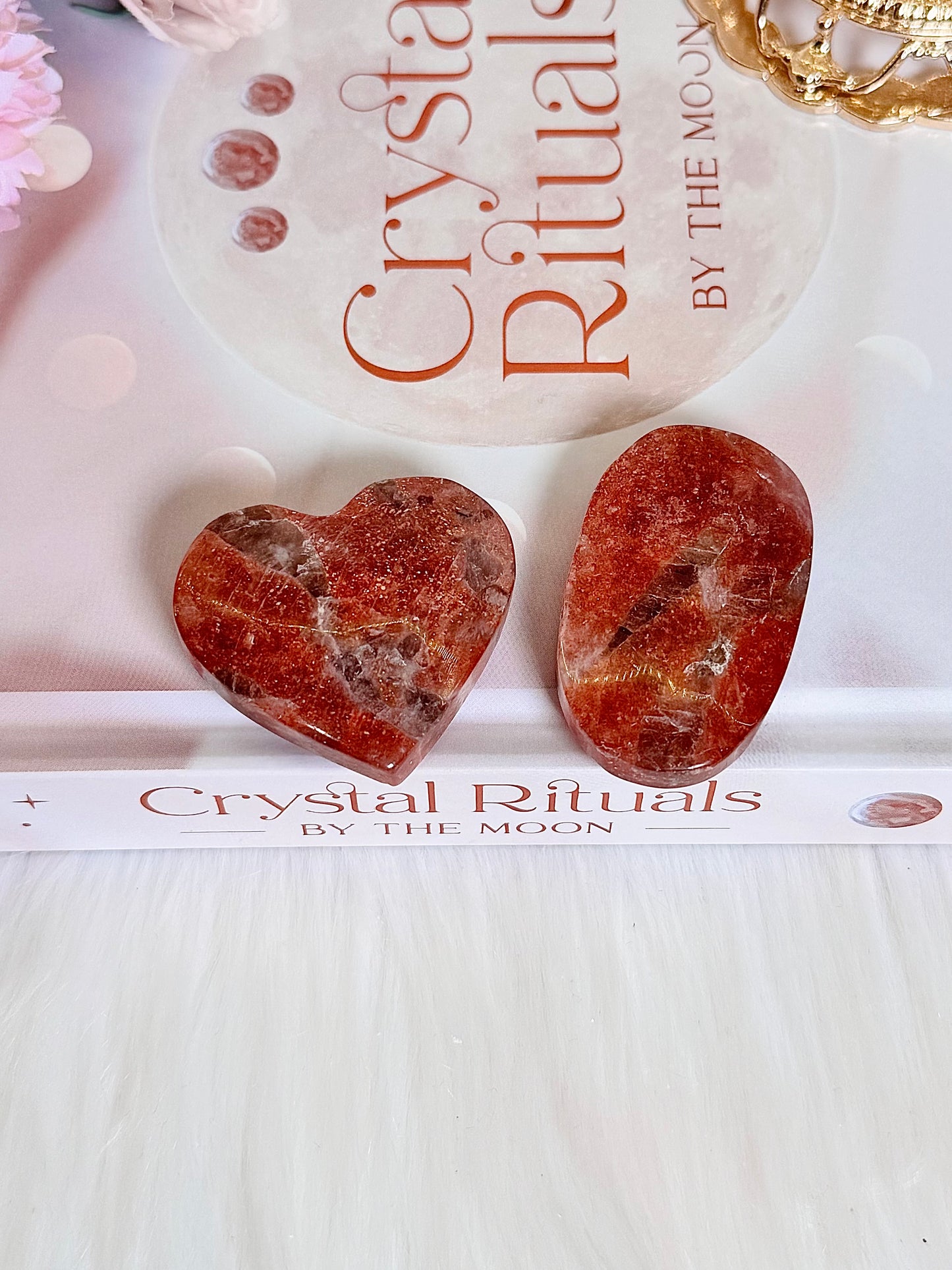 High Grade Sparkling Incredible Golden Sunstone Carved Heart & Palmstone Set