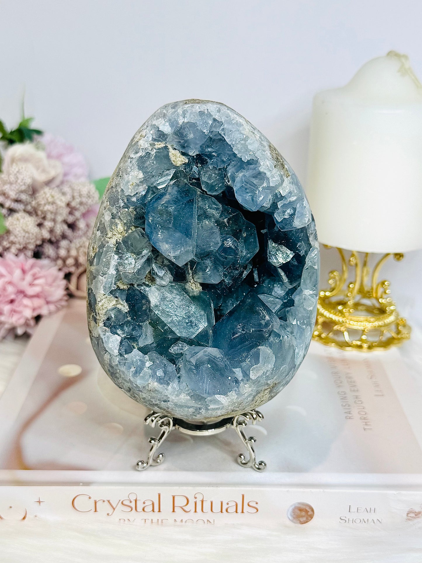Huge Deep Blue Celestite Cluster Egg On Stand 1.8KG