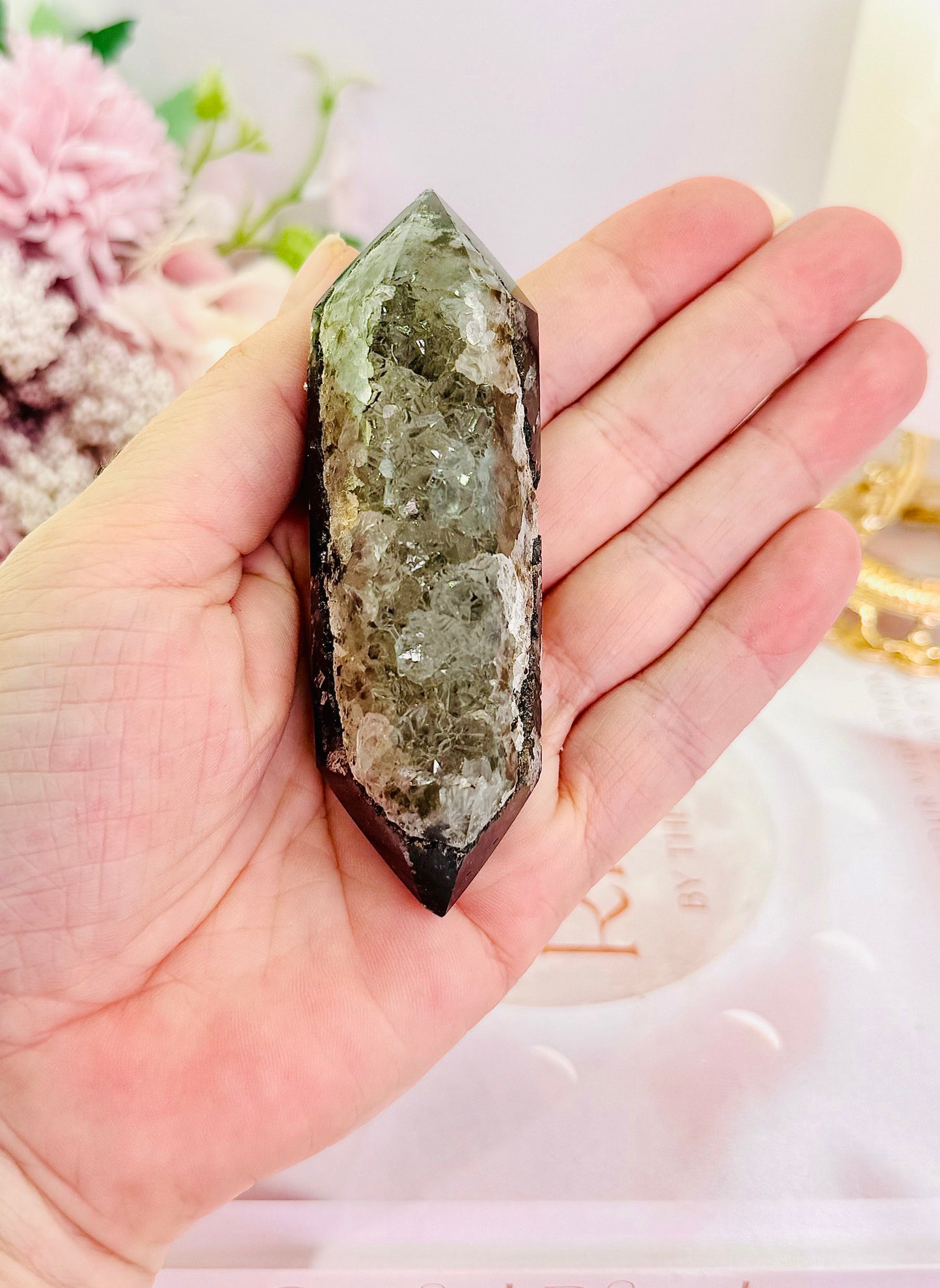 Divine High Grade Druzy Agate Double Terminated Point On Gold Stand 9.5cm From Brazil