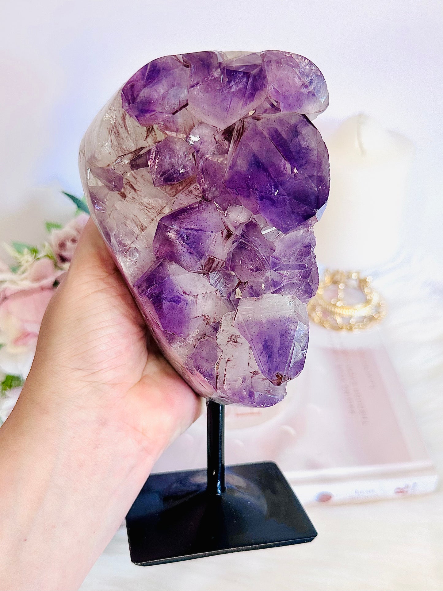 Wow!!! Huge 21cm 1.38KG Amethyst Freeform With Large Amazing Points On Black Stand From Brazil