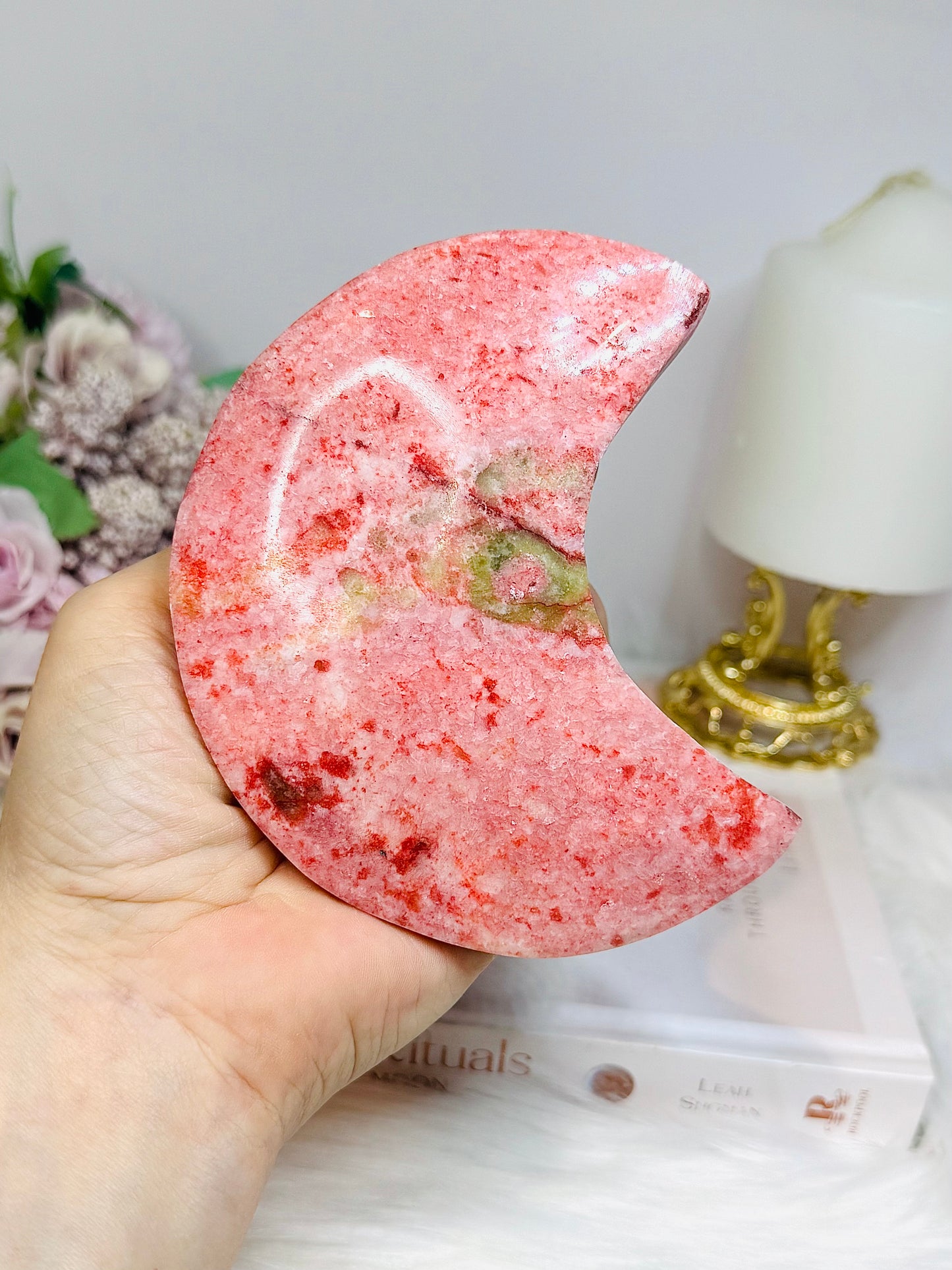 Large Rare Thulite with Epidote Carved Moon on Stand 418g (Moon 11cm)