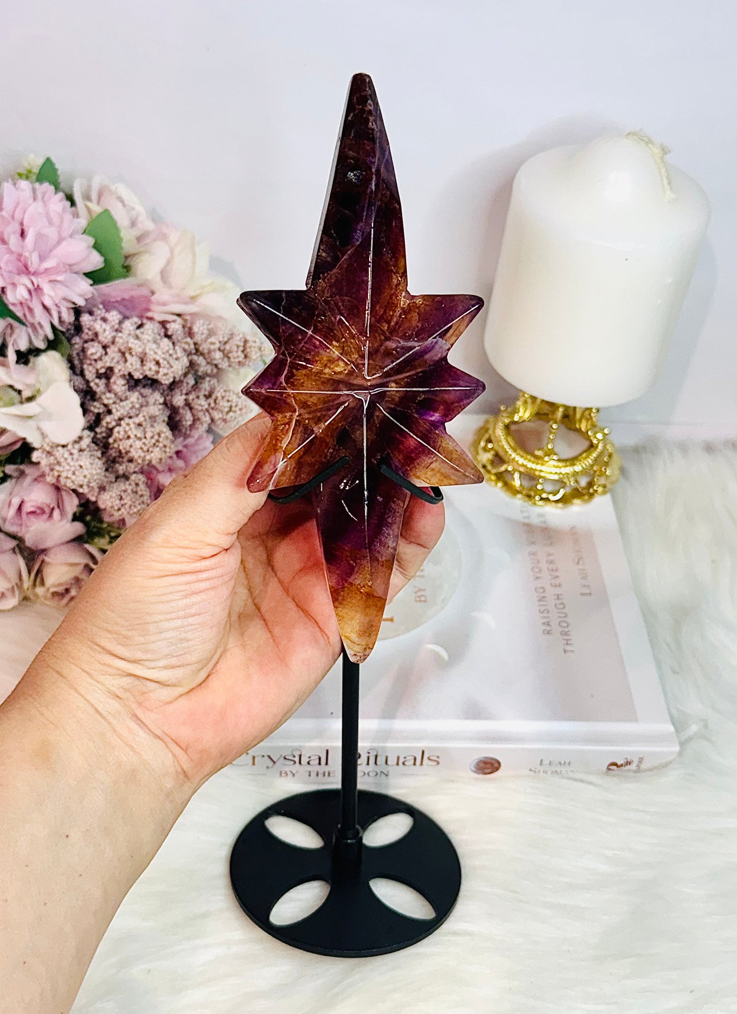 Incredible Large Natural Fluorite Carved Polaris Star On Stand 25.5cm