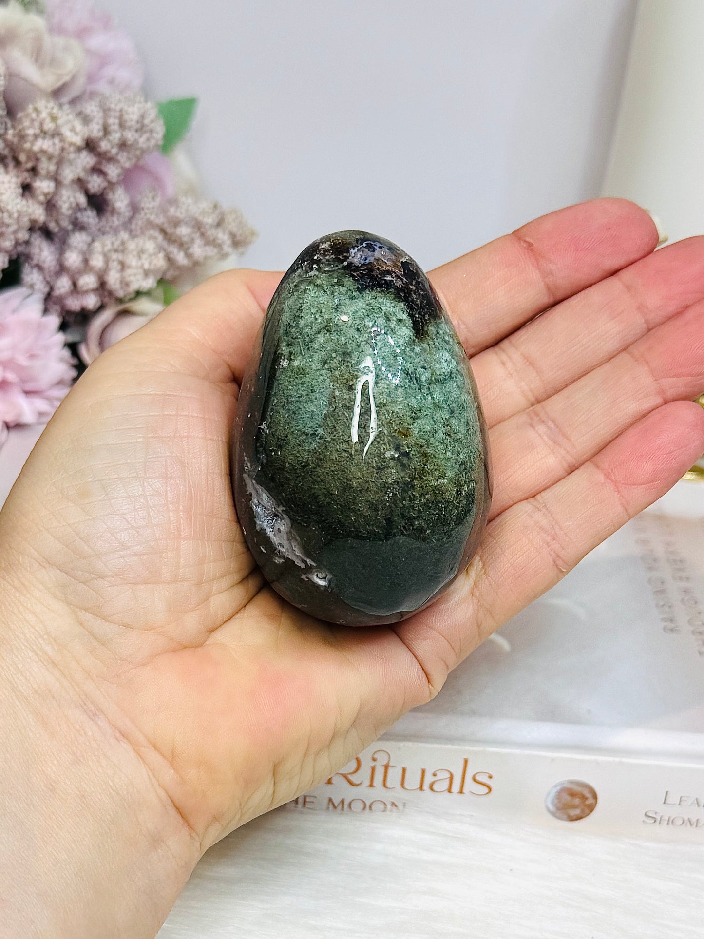 Moss Agate Egg On Stand 7cm