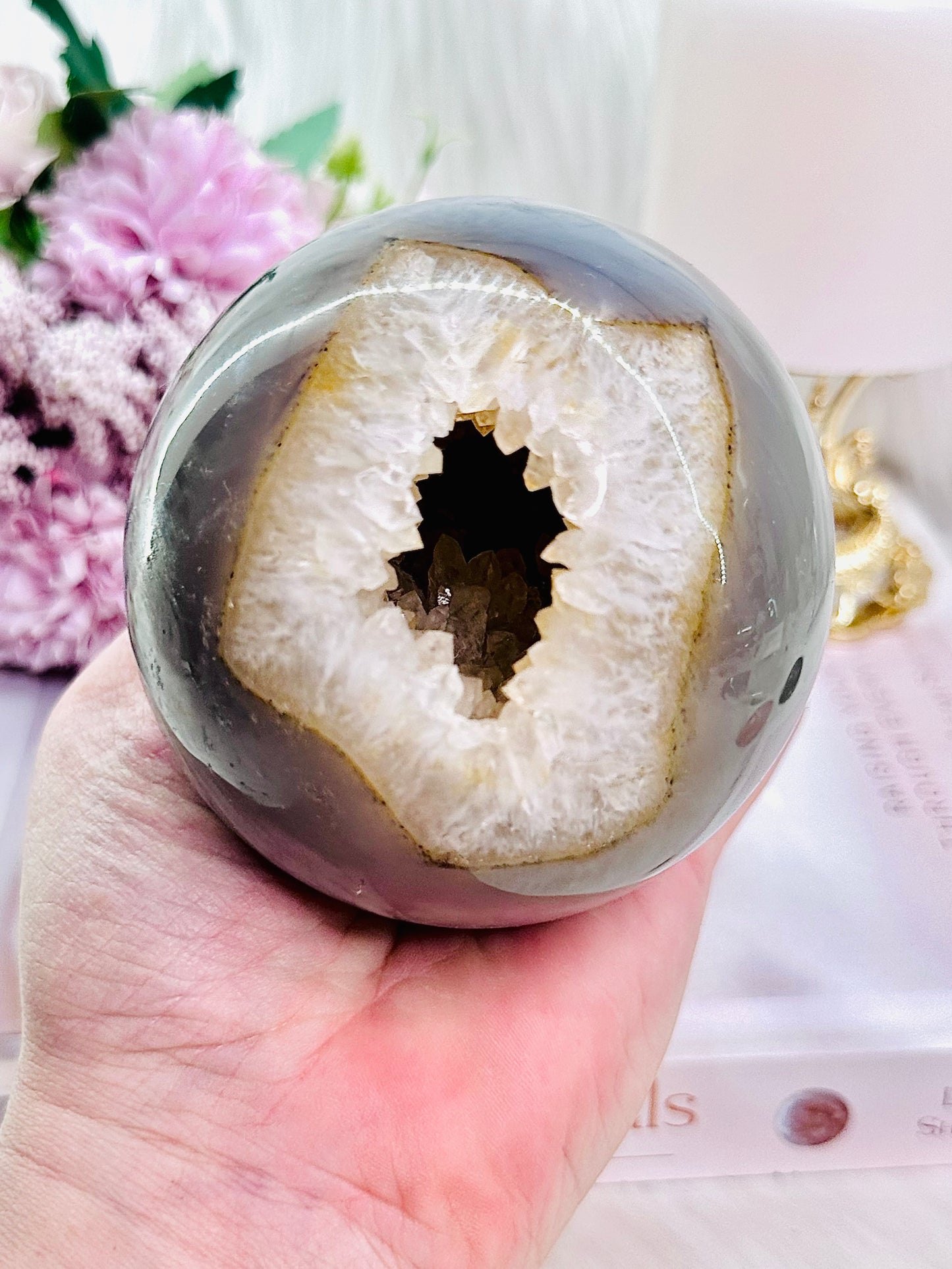 Magical & Incredible Large 821gram Perfect Druzy Agate Sphere On Stand From Brazil (Glass stand in pic is display only)