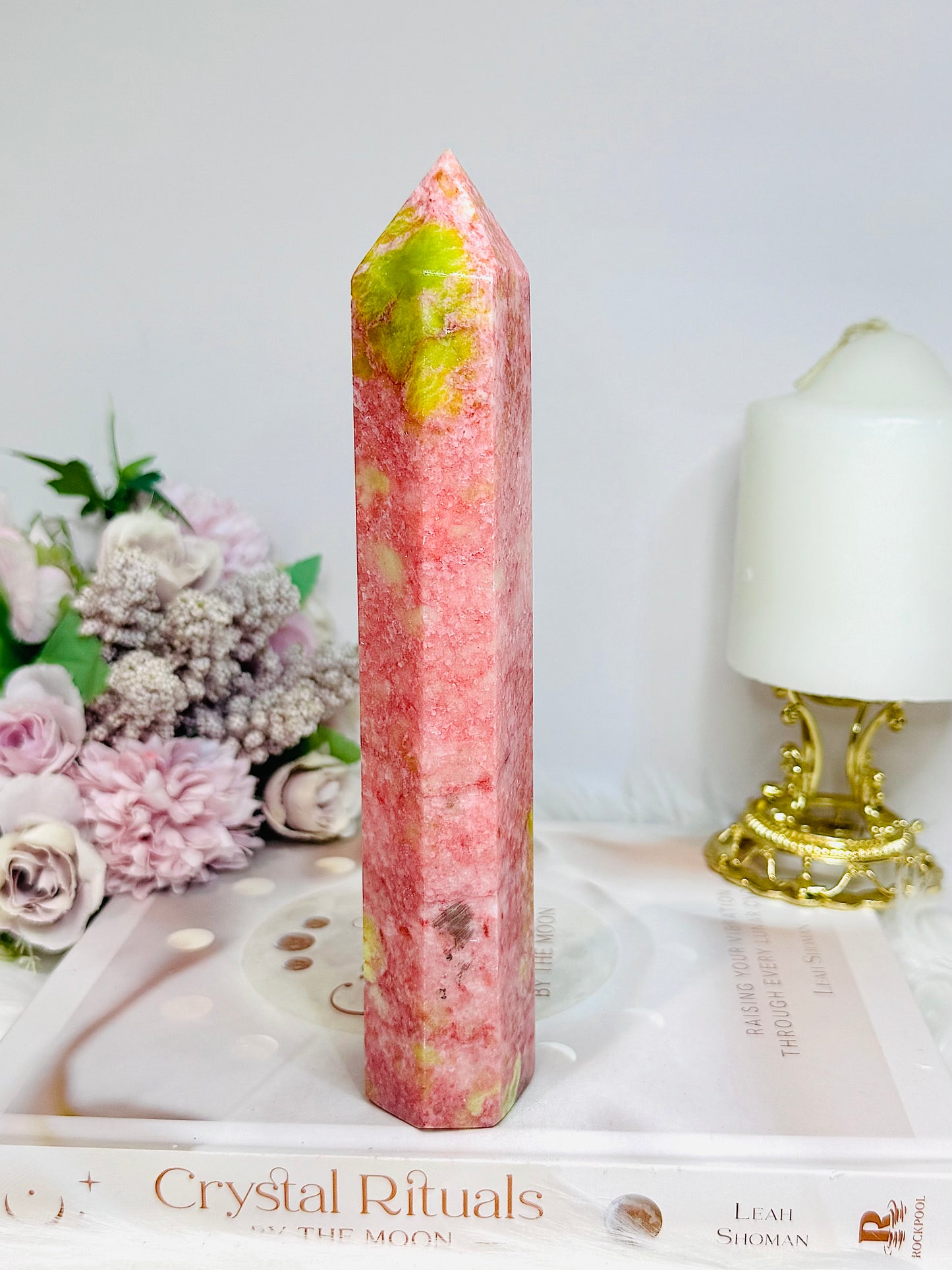 Rare Large Thulite Tower with Epidote Inclusions 19cm