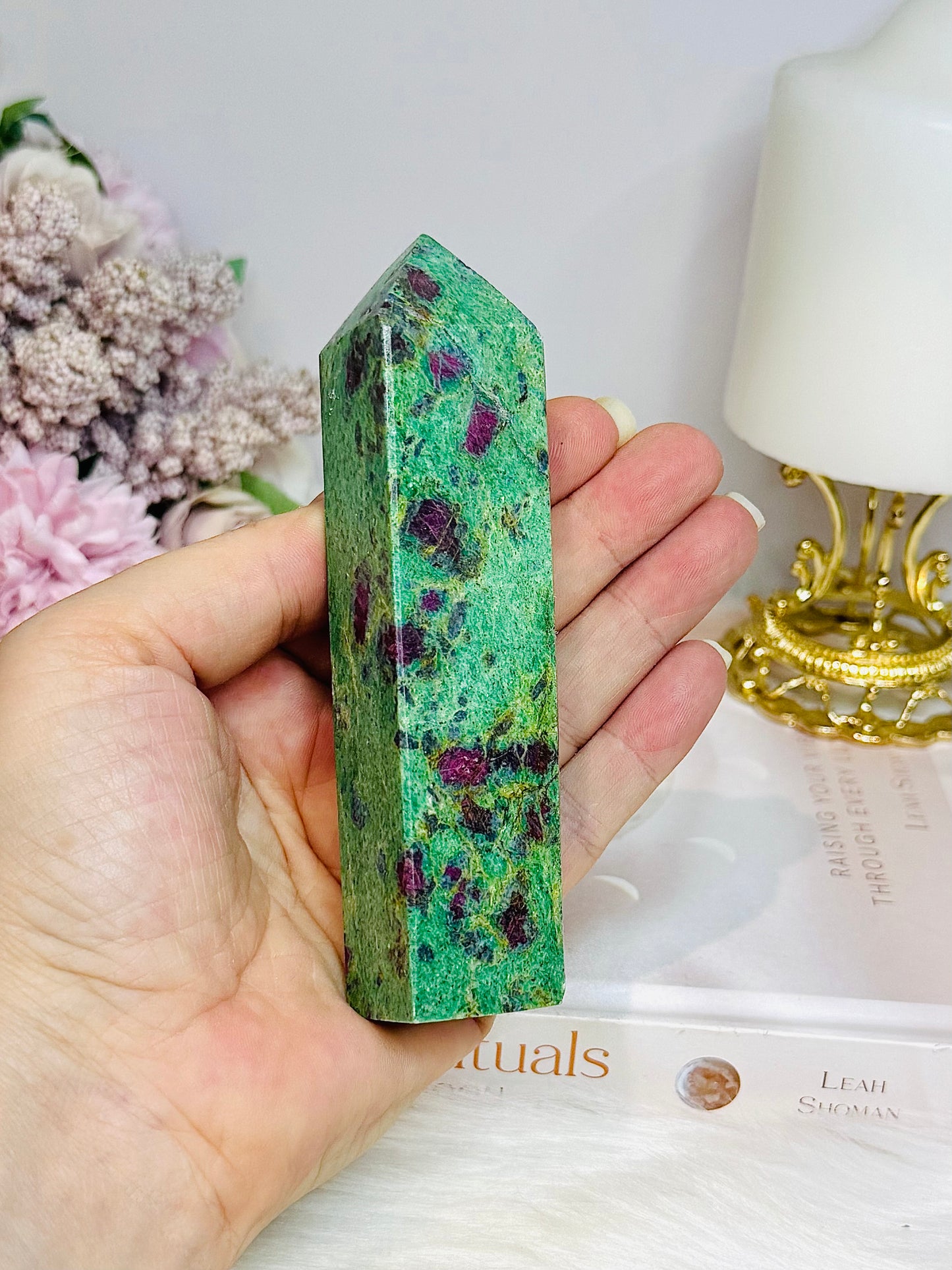 Ruby Fuchsite Tower 12cm ~ Reduced as has been broken & repaired