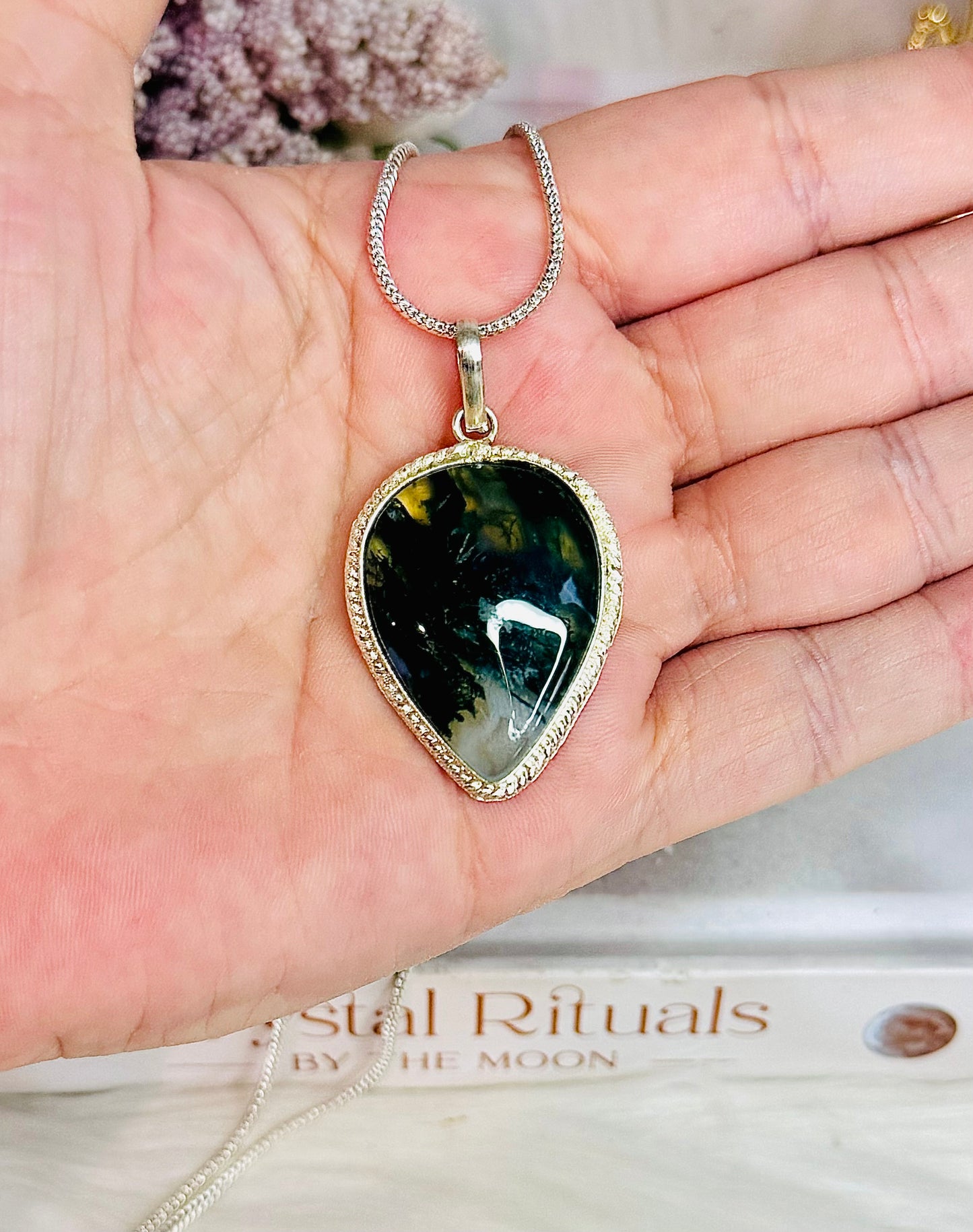 Gorgeous Moss Agate Pendant on Silver Chain In Gift Bag