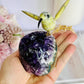 High Grade Deep Purple Amethyst Base Cut Cluster with Jade Carved Hummingbird 13cm