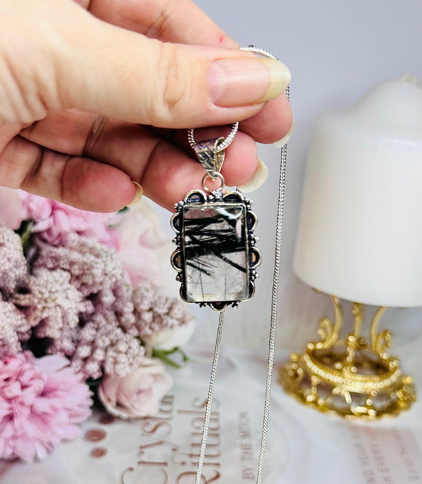 High Grade Black Tourmaline in Quartz Pendant On Silver Chain In Gift Bag