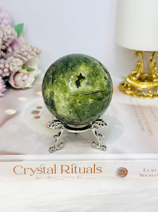 Large Druzy Prehnite Sphere on Stand 357g