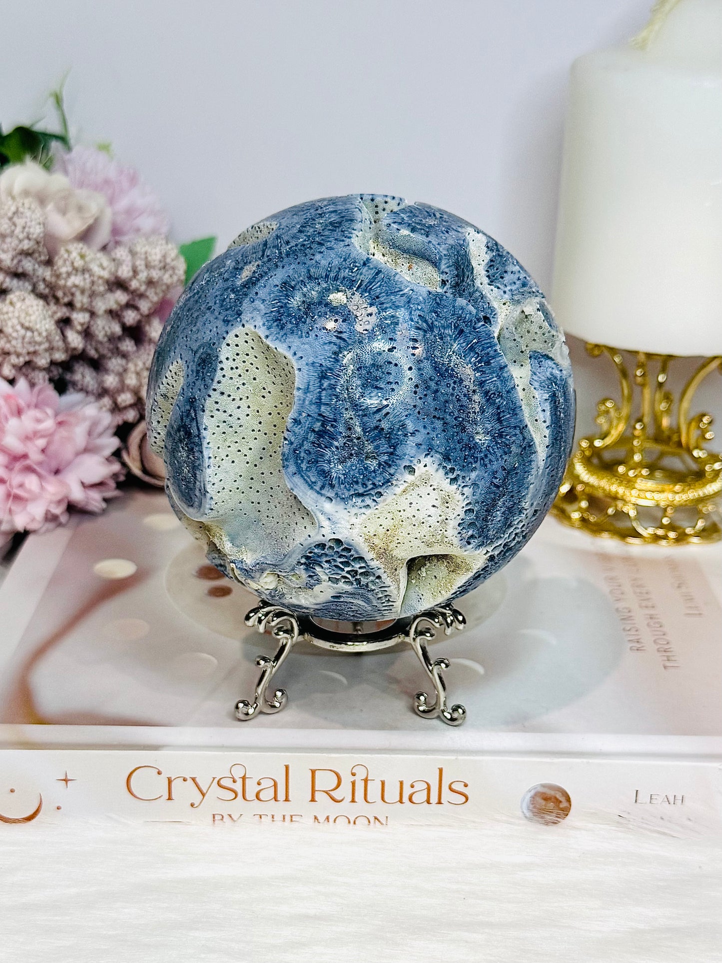 Rare Natural Large Blue Coral Fossil Sphere 732g