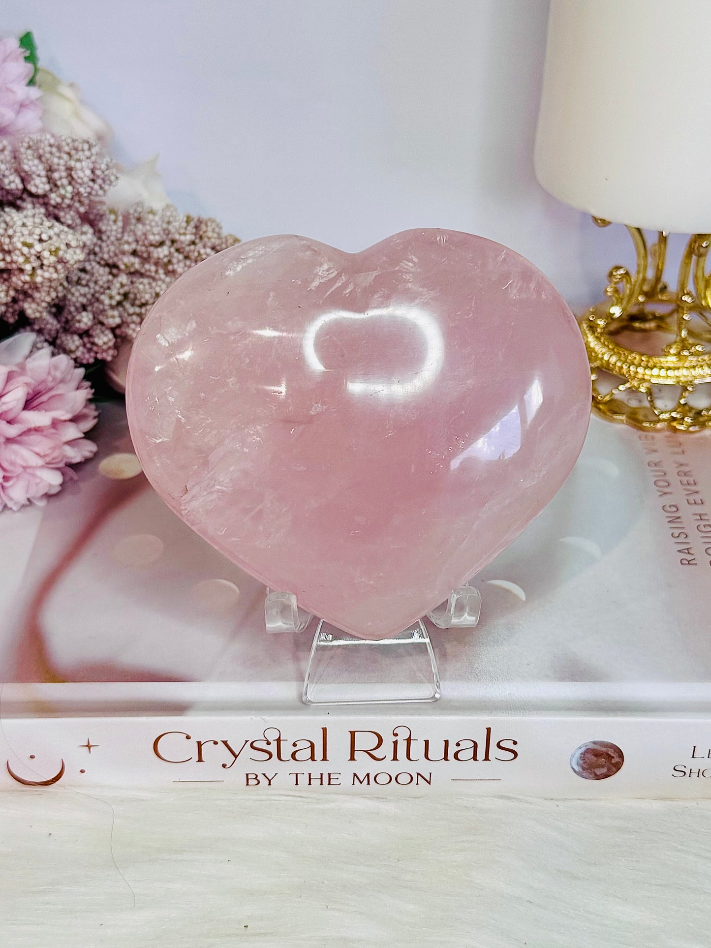 Stunning Large Puffy 10cm Pink Rose Quartz Carved Heart Crystal On Stand