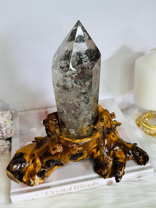 Stunning Large High Grade Garden Quartz | Lodolite Tower on Timber Base 1.02KG 21cm