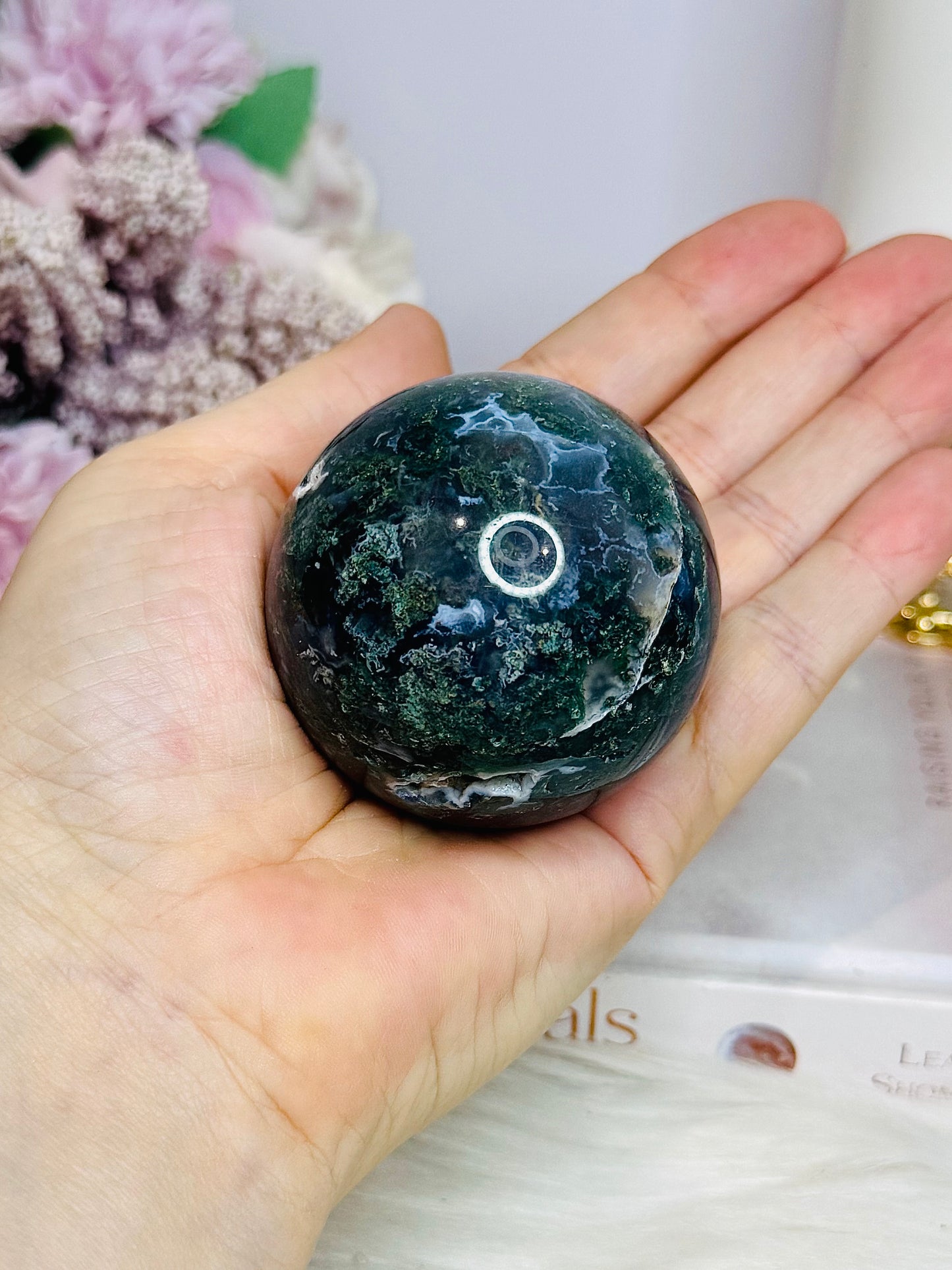 Moss Agate Sphere On Stand 212g