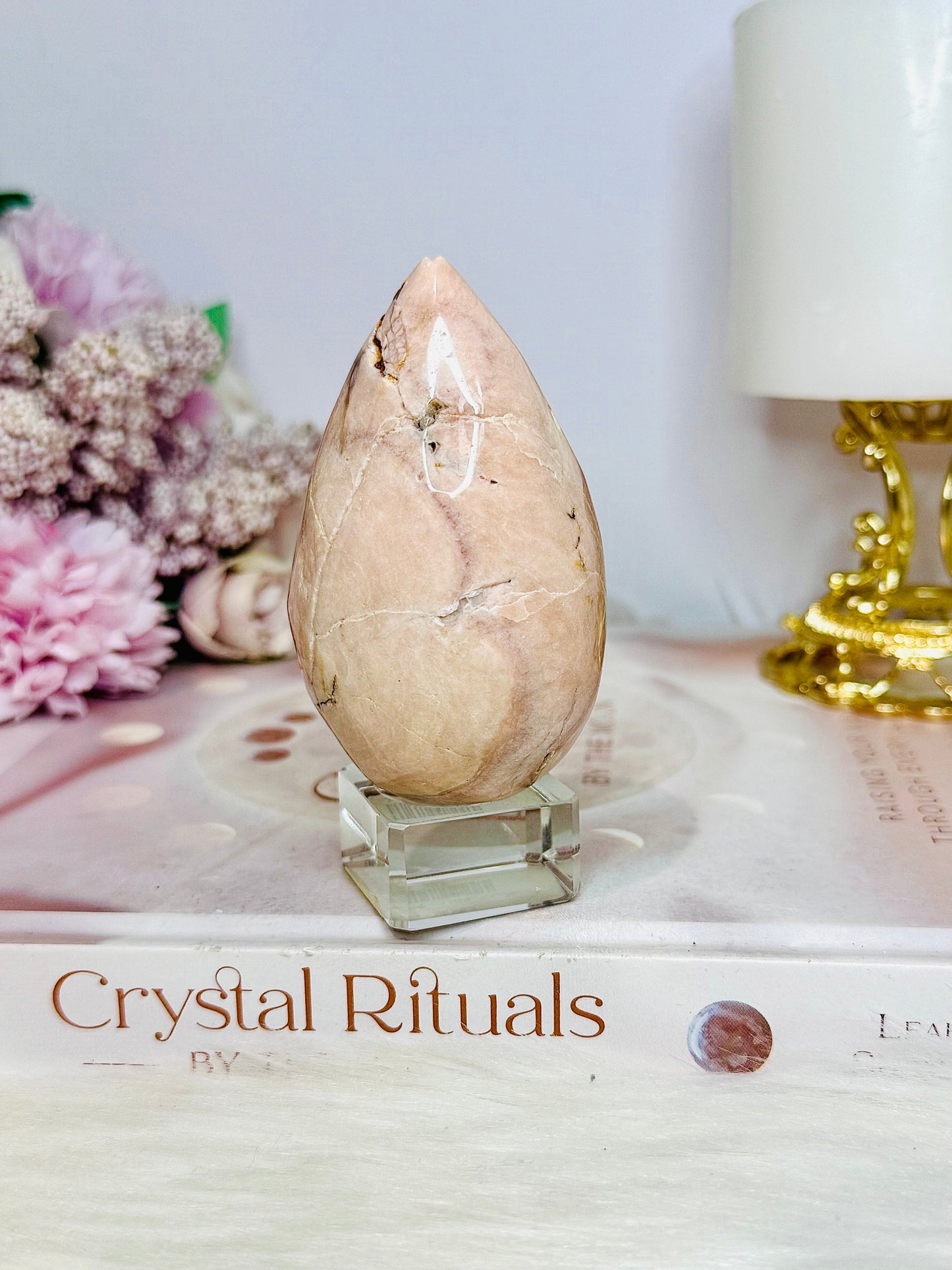 Flower Agate Carved Egg on Stand 200g